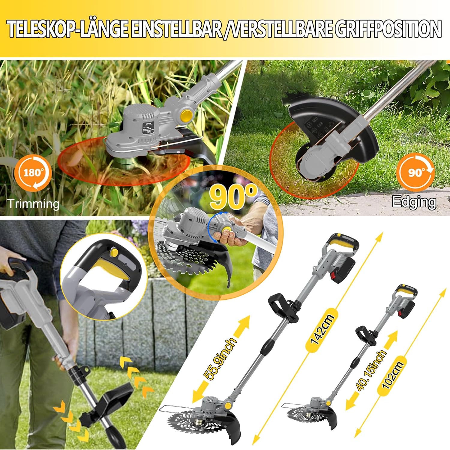 Akku Rasentrimmer mit Akku und Unkrautbürste 4 in 1 Freischneider mit Unkrautbürste 21V Bürstenloser Freischneider, Elektro Motorsense mit 2 Akku 4.0Ah und Ladegerät Teleskop, Verstellbarer, Orange