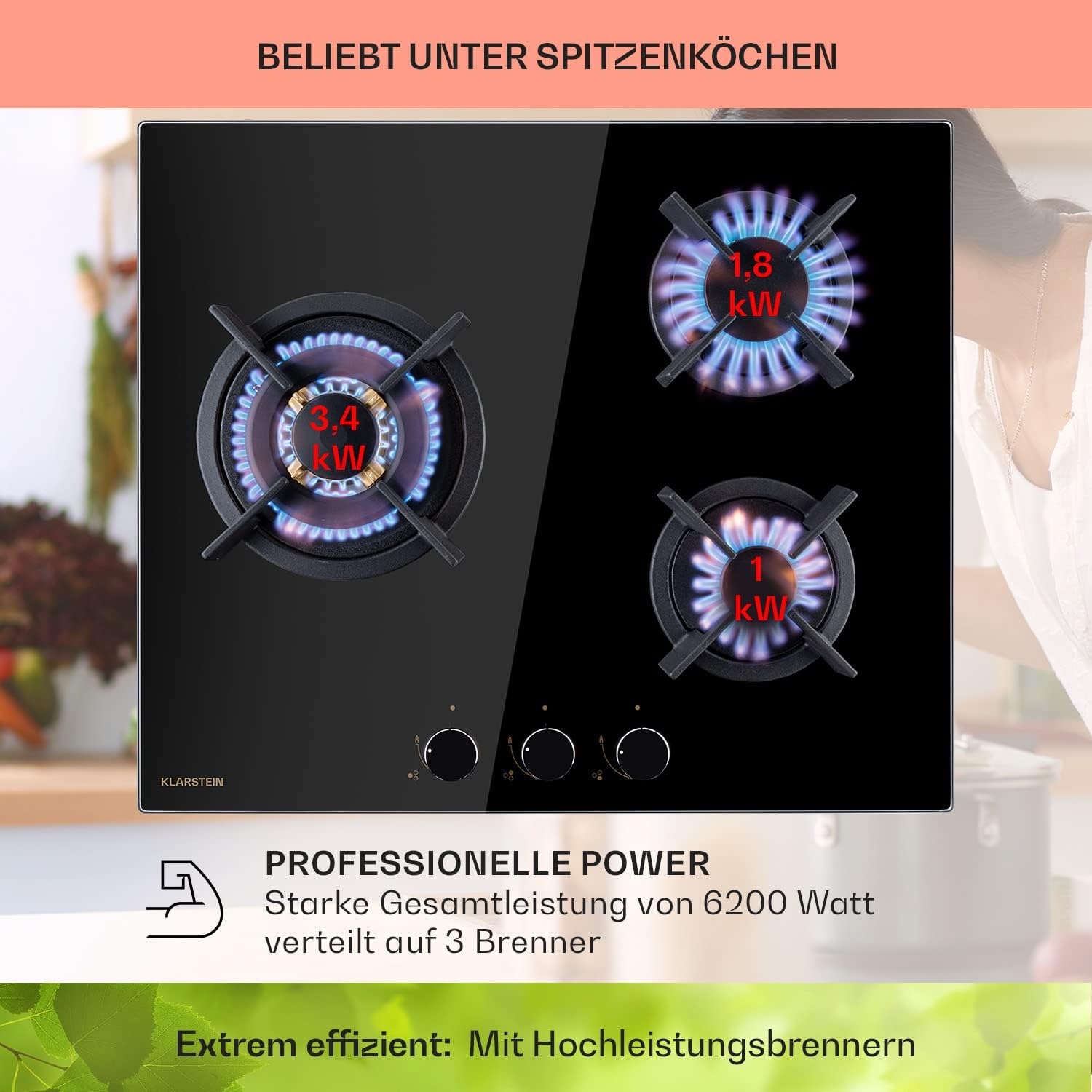 Klarstein Gasherd, Gaskochfeld 4 Flammig, Einbau-Gaskocher für Zuhause & Wohnmobil, Campingkocher mit Glasplatte, Gasherd für Propan- und Erdgas, Edelstahl Gas-Herdplatte Wok Brenner 8000 Watt