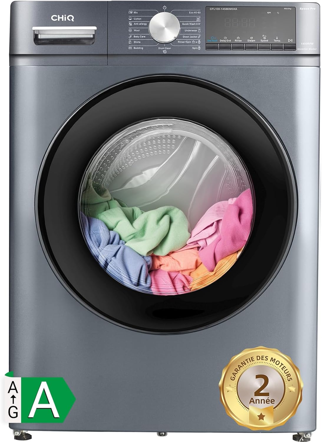CHiQ Waschmaschine 7kg, 15 Programme, InverterMotor, Eco-Logic, Speed Wash, 60x46,5x84cm, Auto Clean, Washer Grau, CW07123863AX