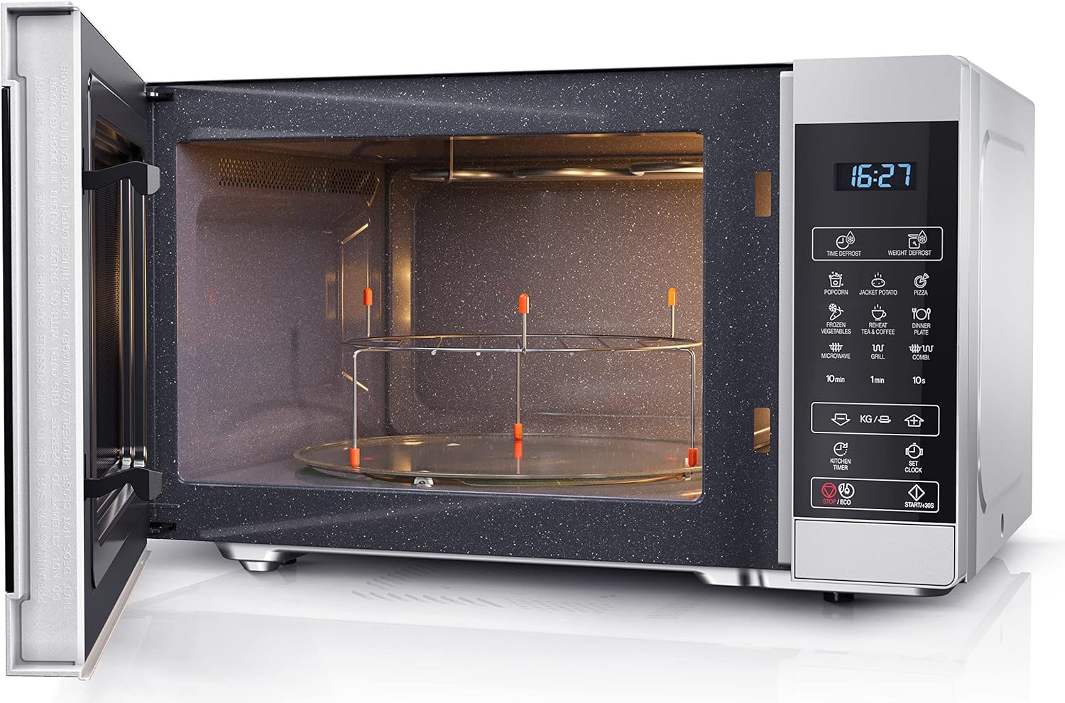 SHARP MG81ES Mikrowelle mit Grill (Mikrowelle: 900W, Grill: 1100W, 11 Leistungsstufen, Auftaufunktion, Abmessungen: 512x300x396cm, Emaille-Keramik-Garraum mit antibakteriellen Eigenschaften), silber