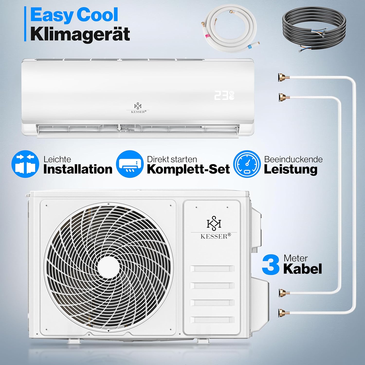 KESSER® Klimaanlage Set Split - mit WiFi/App Funktion Klimagerät - Kühlen A++/ Heizen A+ - 9000 BTU/h (2.600 Watt) Kältemittel R32 - Fernbedienung, Timerfunktion - Inkl. komplettem Montagematerial