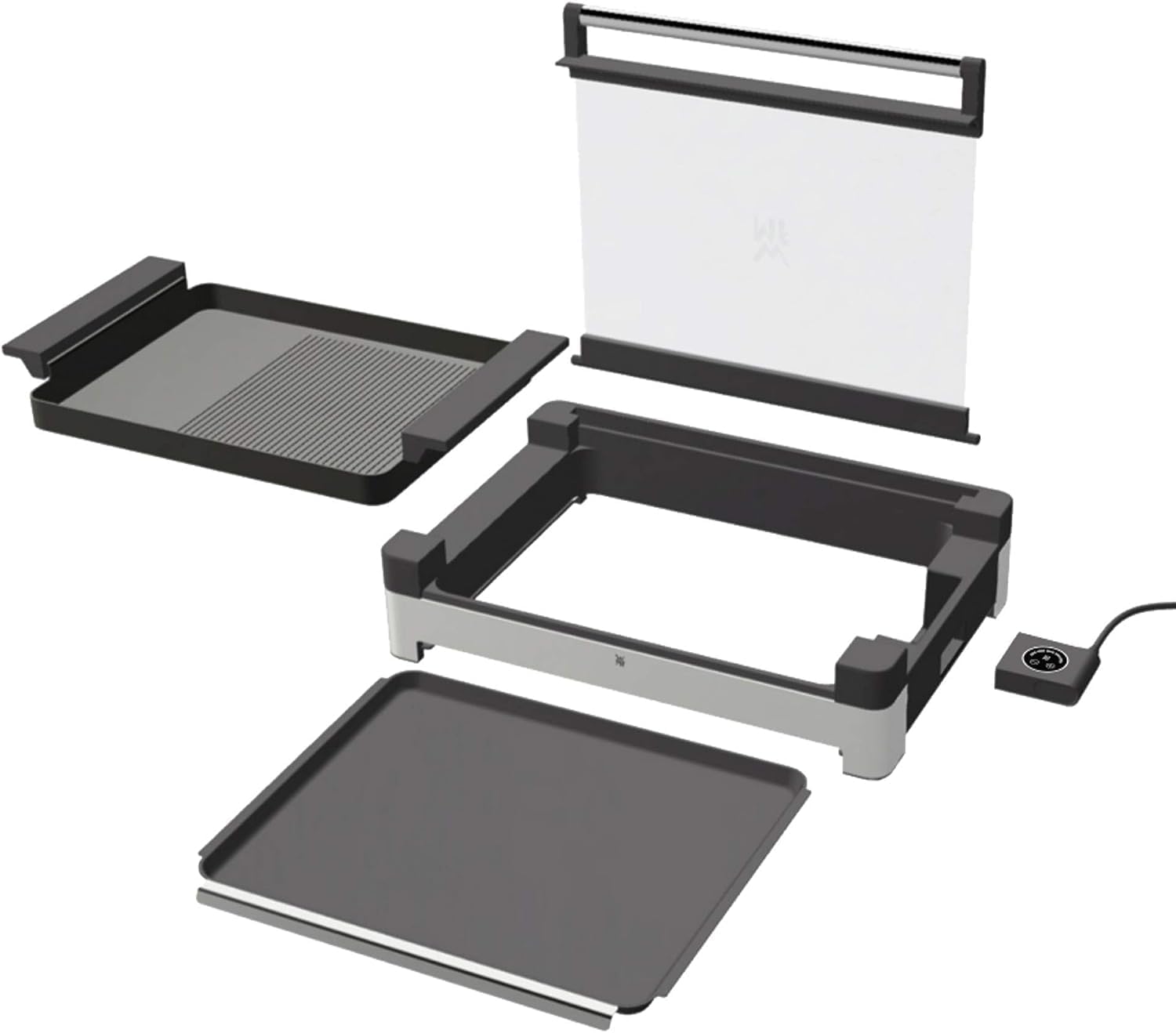 WMF Lono Tischgrill elektrisch mit Glasdeckel, beschichtete Grillplatte, herausnehmbare Auffangschale, spülmaschinenfest, Edelstahl matt, 2200 Watt