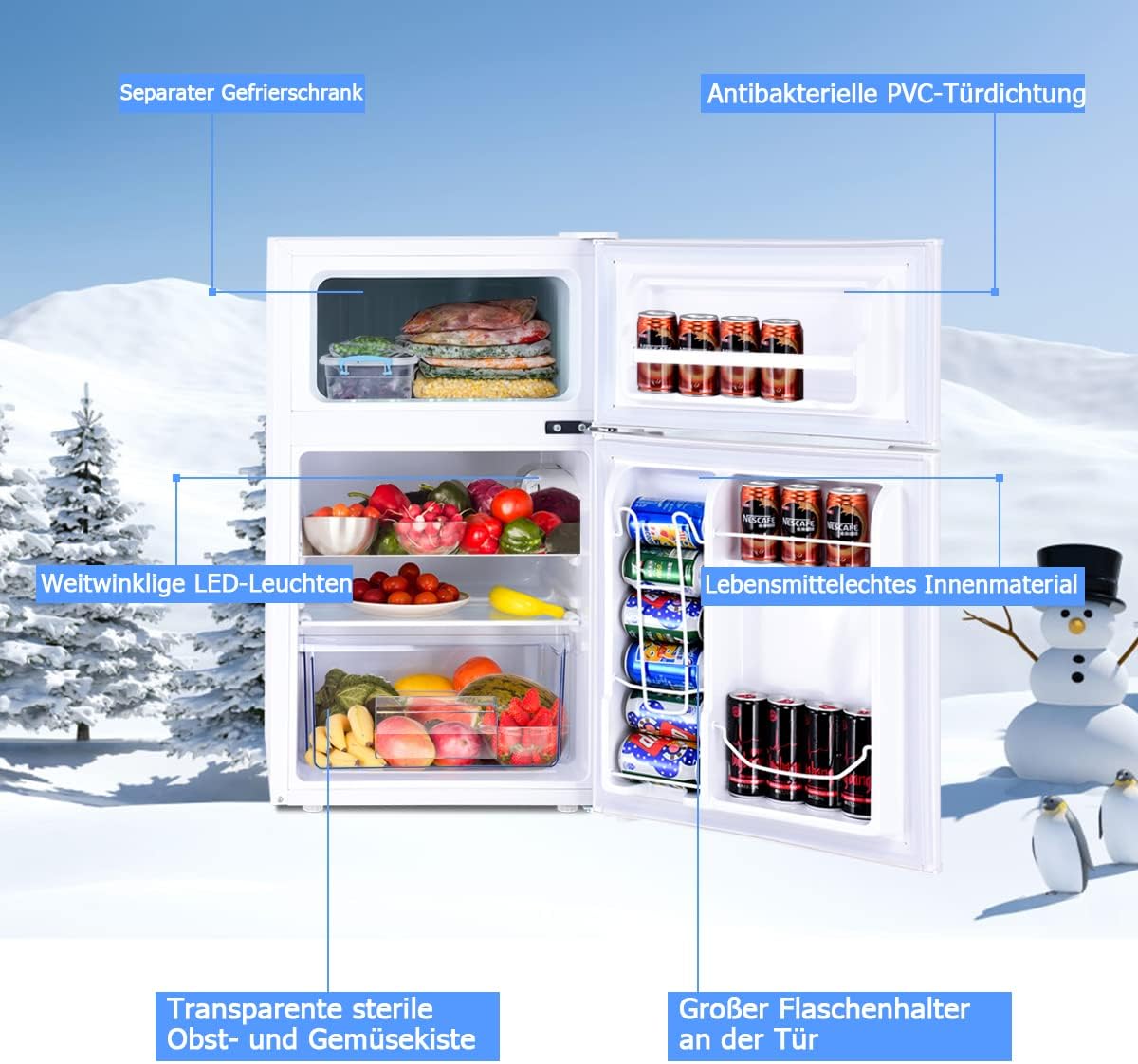 GOPLUS Kühlschrank mit Gefrierfach - Kühl Gefrierkombination / 90L Gesamtnutzinhalt, 27L Gefrierteil/Thermostat einstellbar/LED Innenbeleuchtung/Türanschlag wechselbar (Weiß)