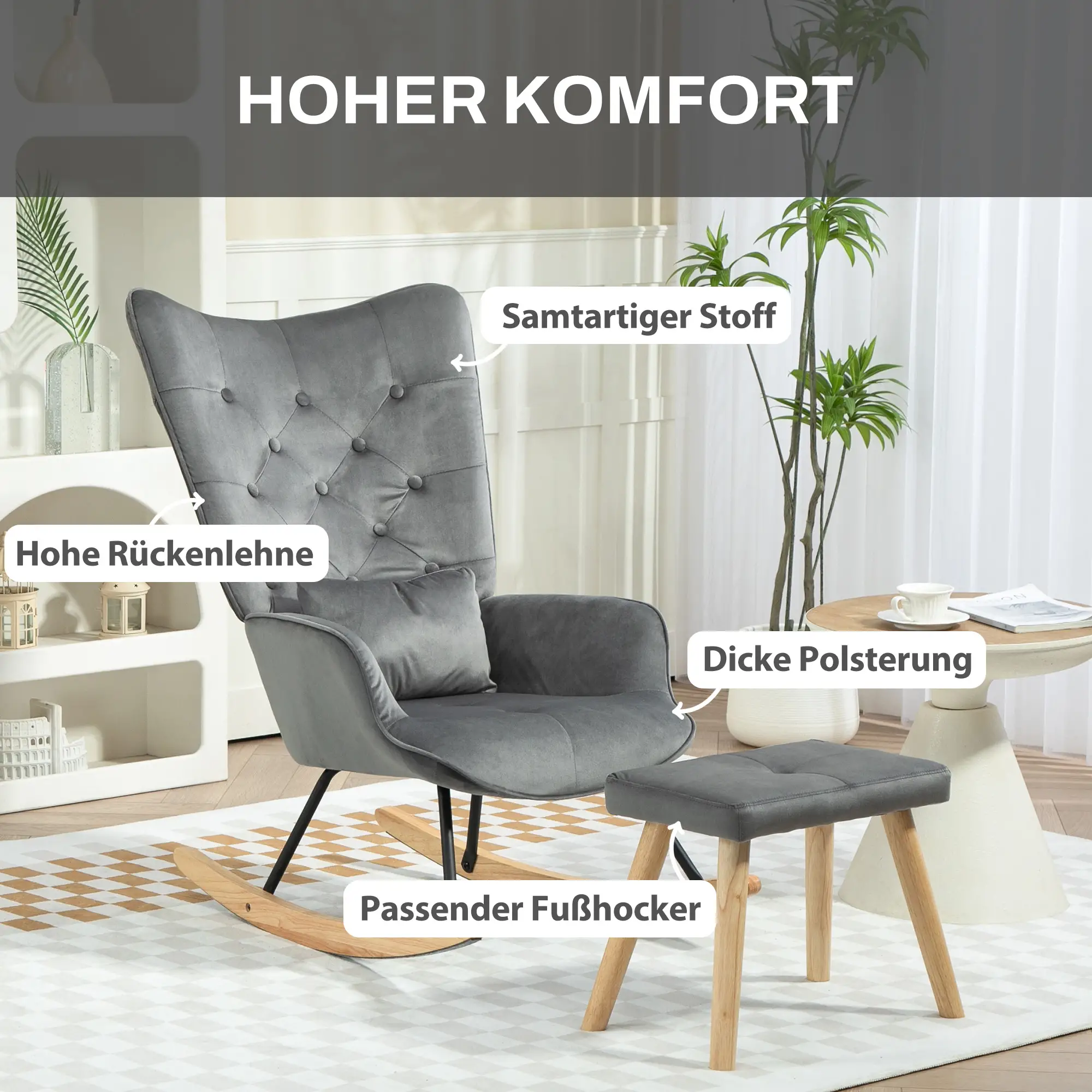 HOMCOM Relaxsessel mit Hocker Schaukelstuhl Set Samt Dunkelgrau