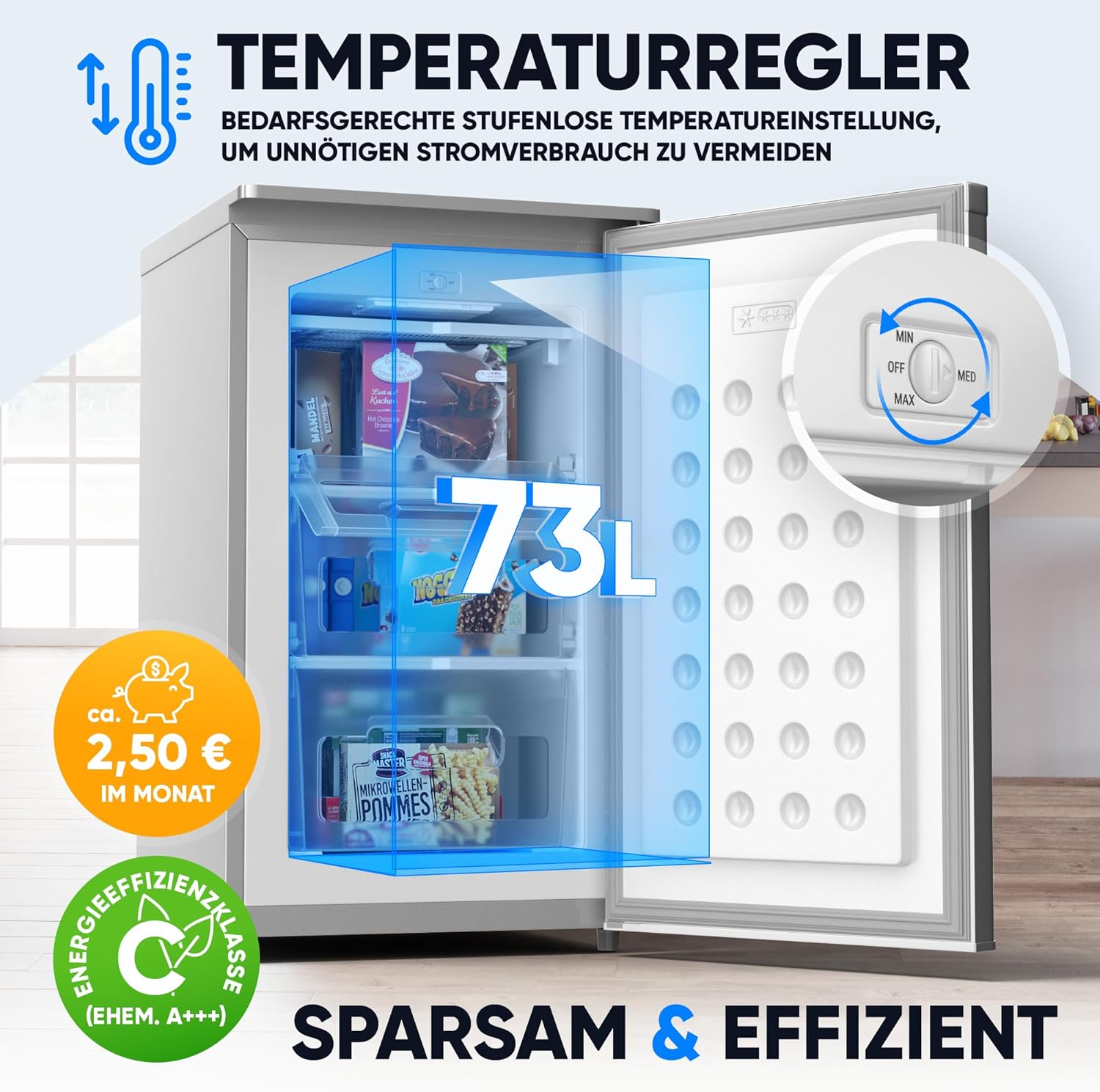 Stillstern Gefrierschrank C (73L) 4-Sterne-Gefrierfach -18°C, geringer Energieverbrauch, 3 Fächer, stufenlos regelbare Temperatur, wechselbarer Türanschlag, Gefrierschrank Klein, Tiefkühlschrank