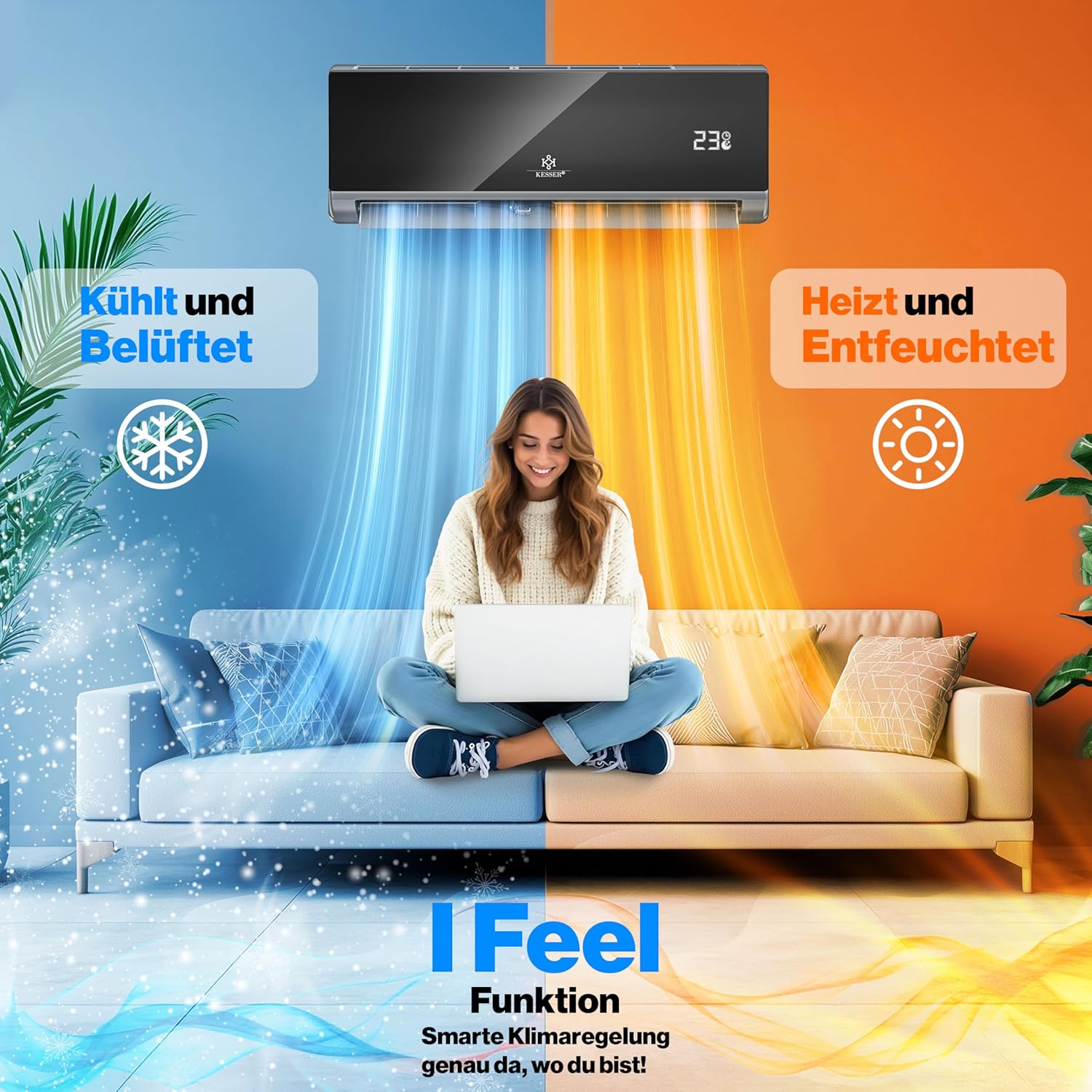 KESSER® Klimaanlage Set Split - mit WiFi/App Funktion Klimagerät - Kühlen A++/ Heizen A+ - 9000 BTU/h (2.600 Watt) Kältemittel R32 - Fernbedienung, Timerfunktion - Inkl. komplettem Montagematerial