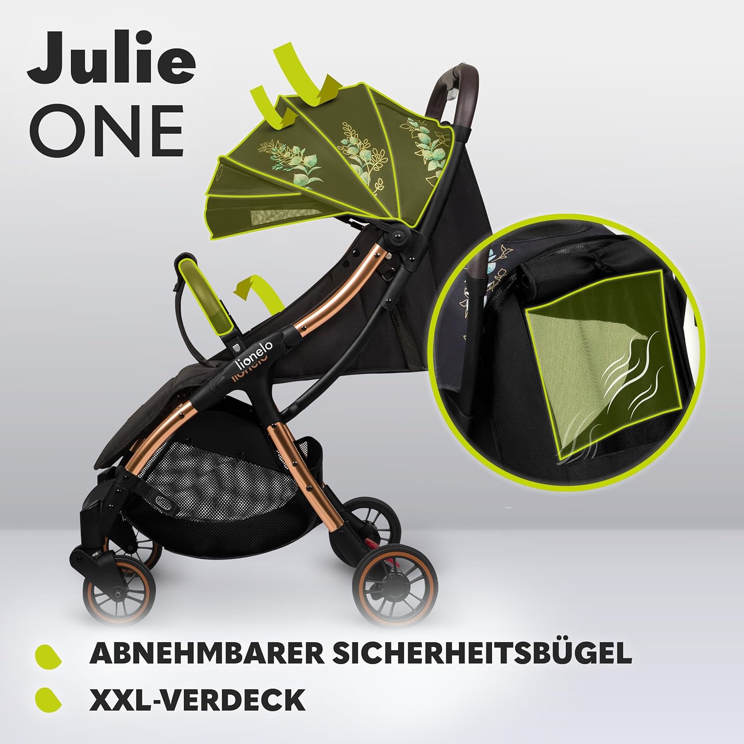 LIONELO Julie One Buggy Kinderwagen bis 22 kg, verstellbare Rückenlehne und Fußstütze, Moskitonetz, Beinwärmer, Getränkehalter und Transporttasche, zusammenklappbar
