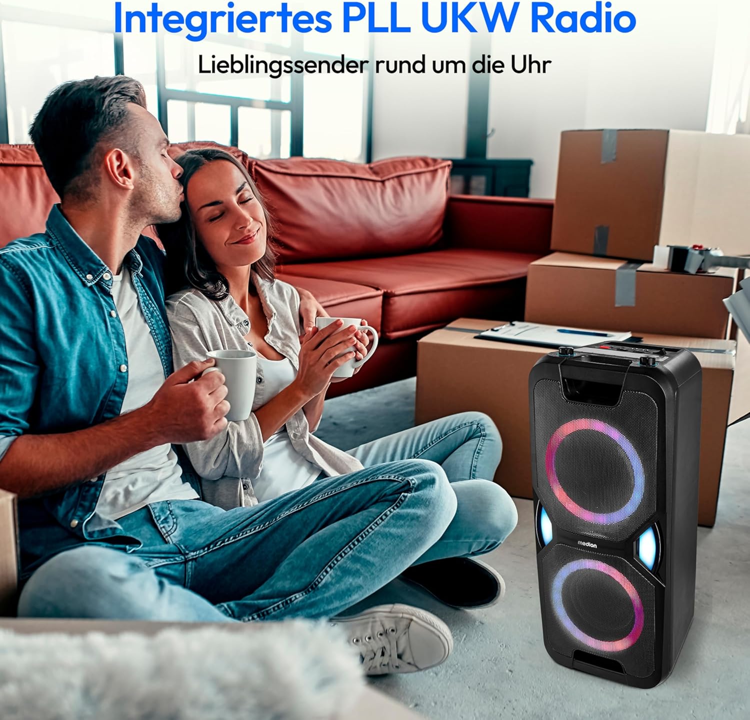 MEDION P61468 Party-Soundsystem (Partylautsprecher inkl. Mikrofon, Karaoke, Akku, UKW Radio, Bluetooth 5.0, Kompaktanlage, 2X 220 Watt, Farbige LED, USB, AUX, 2X Mikrofonanschluss)