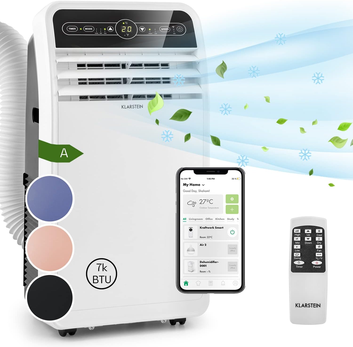 Klarstein Mobile Klimaanlage mit Abluftschlauch, 4-in-1 Klimagerät mit Ventilator, Luftentfeuchter & Nachtmodus, Kleine & Portable Klimaanlage für Wohnung & Büro, Niedriger Verbrauch, 9000 BTU