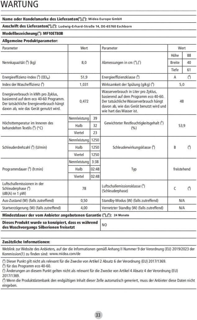 Midea Toplader Waschmaschine MF10ET70B / 7KG / A / 1200 U/min/BLDC Inverter Mortor/Dampffunktion/SoftOpener/XL Türöffnung/Kurz 15'&45' / Mehrere Temperaturoptionen/AquaStop, Weiß