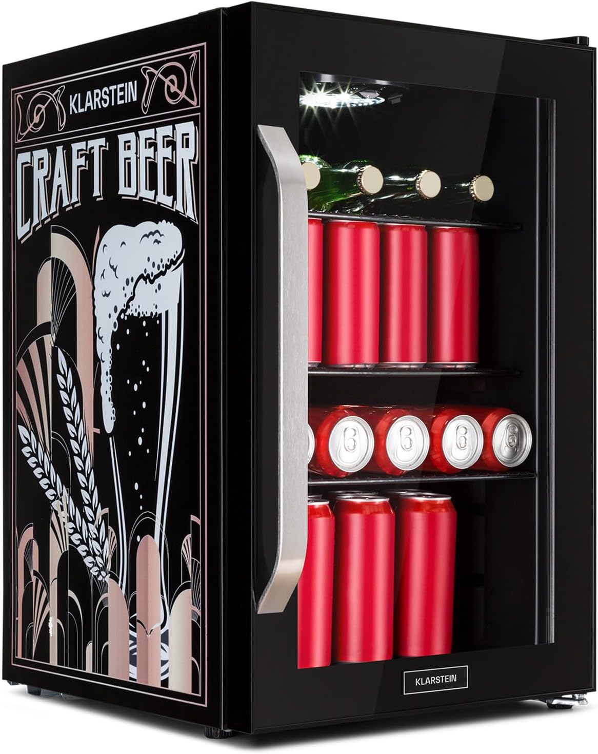 Klarstein Kühlschrank 70L, Kleiner Kühlschrank mit Herausnehmbaren Ablagen, Leiser Mini Kühlschrank mit Glastür & LED, Getränkekühlschrank Klein, Outdoor Geeignet, Biersafe für Flaschen, 0-10°C