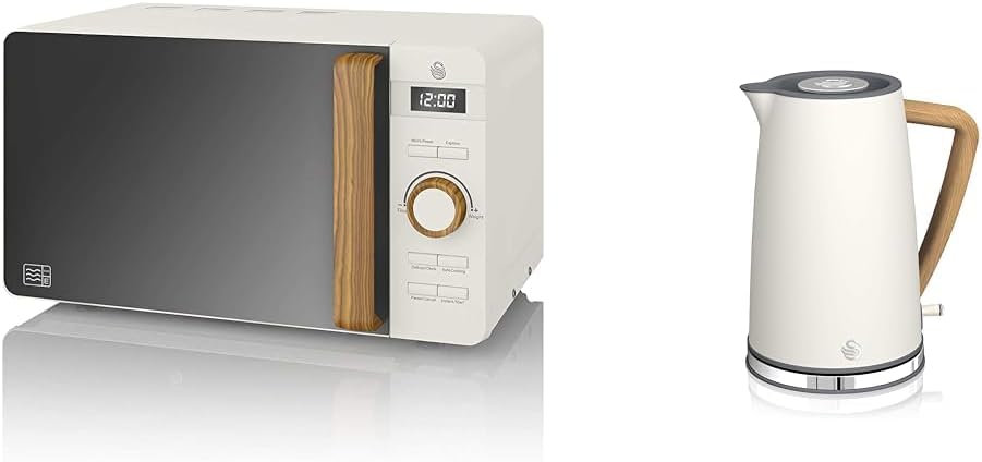 Swan Nordic Digitale Mikrowelle 20 l, 6 Betriebsstufen, 800 W Leistung, 30 Minuten Timer, einfache Reinigung, Auftau-Modus, modernes Design, Holz-Effekt, grau matt