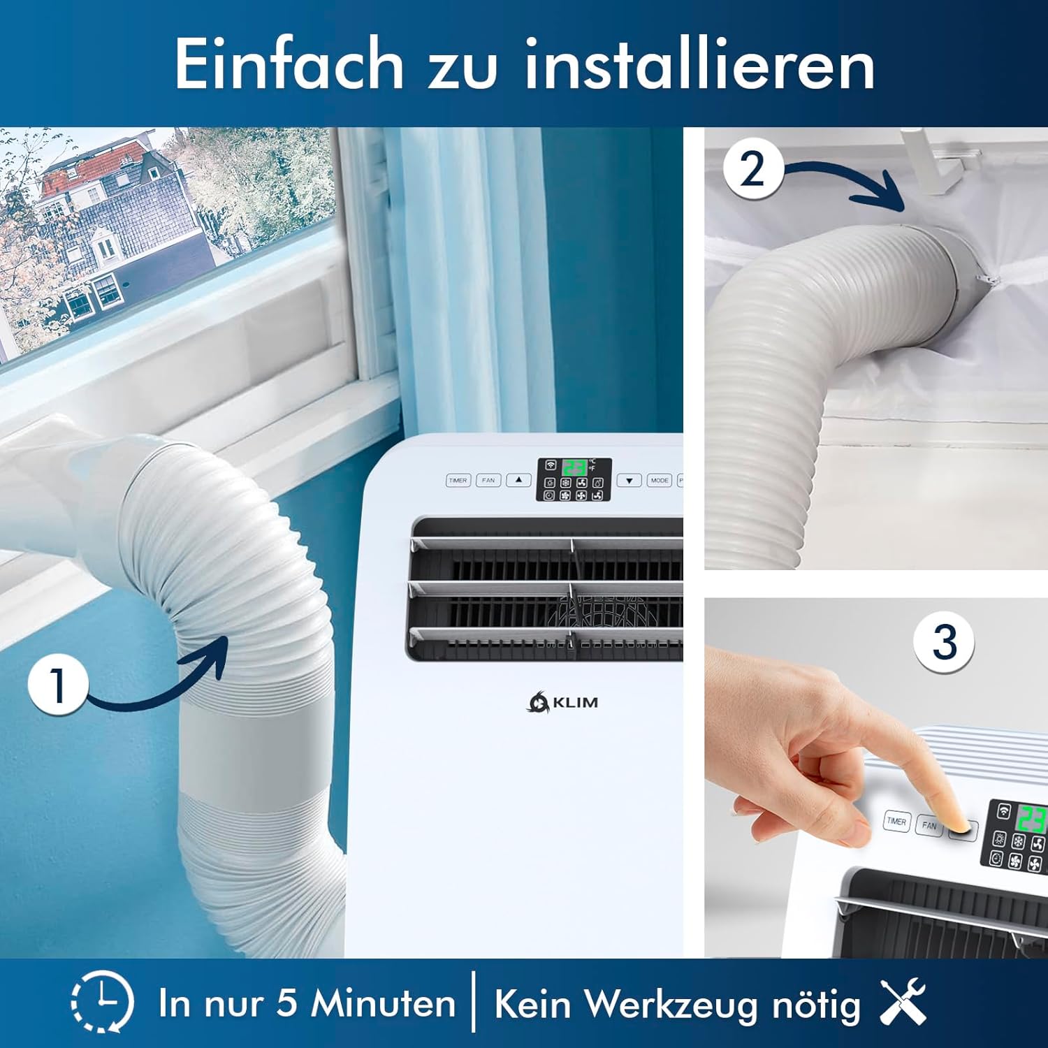 KLIM AC12000 | Leistungsstarke und Leise Mobile Klimaanlage mit 12.000 BTU + NEU 2024 + mit Integrierter Entfeuchtungsfunktion, Ventilator und Kühlmodus + Fernbedienung + 5 JAHRE SCHUTZ