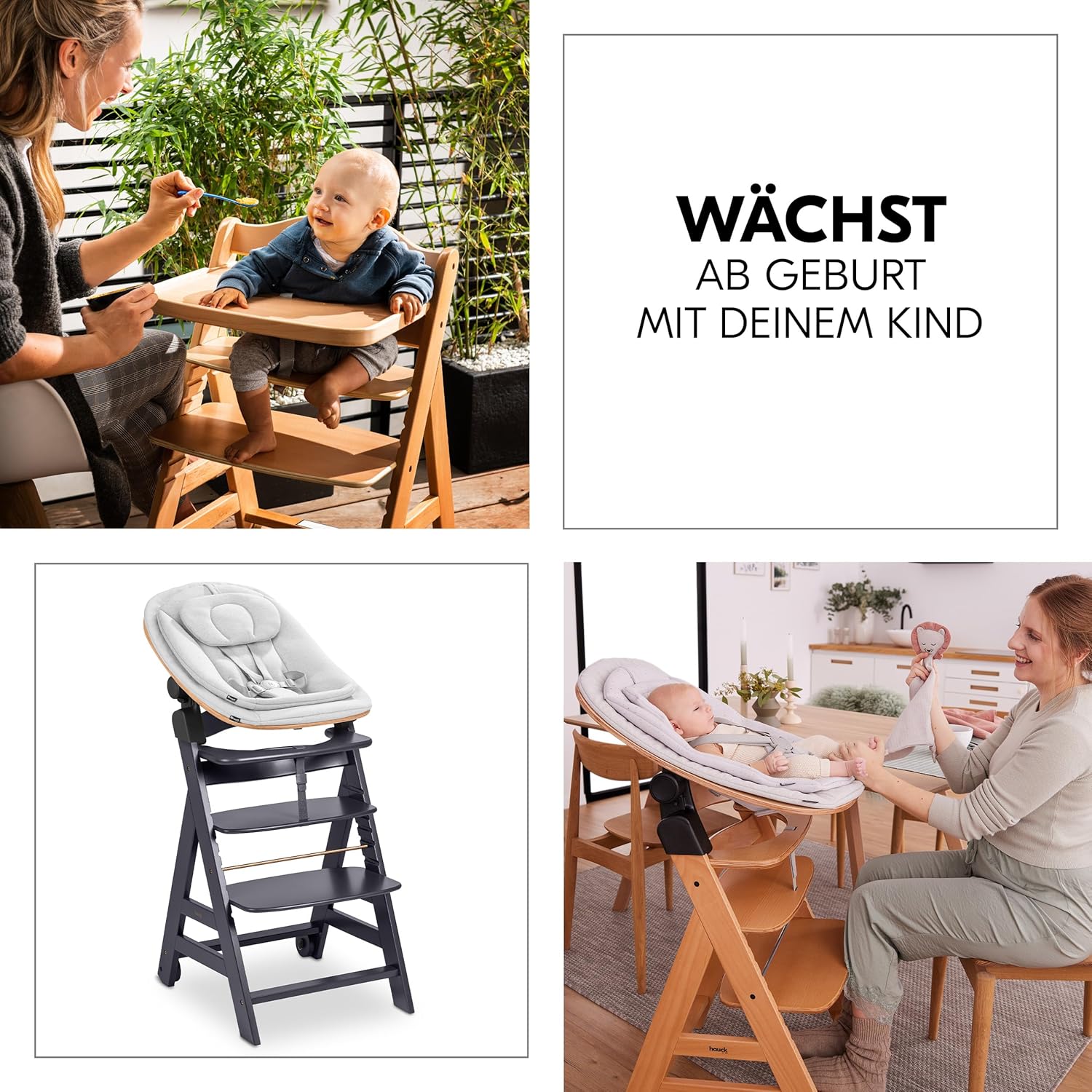 hauck Hochstuhl Beta+ Newborn Set Eco Bouncer - mitwachsender Holz Babyhochstuhl ab Geburt, inkl. Neugeborenenaufsatz, Sitzpolster und Essbrett - Dark Grey