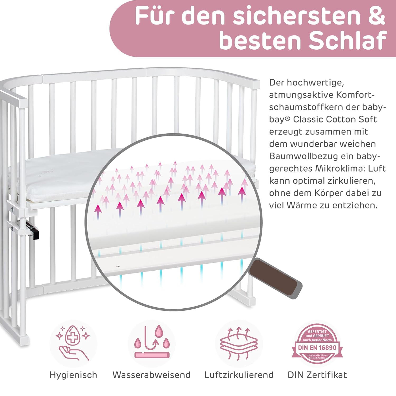 babybay Original Beistellbett aus massivem Buchenholz / kompakt & verwandelbar / Kinderbett Höhe stufenlos verstellbar & umweltfreundlich / mitwachsendes Babybett (weiß lackiert) / inkl. Matratze