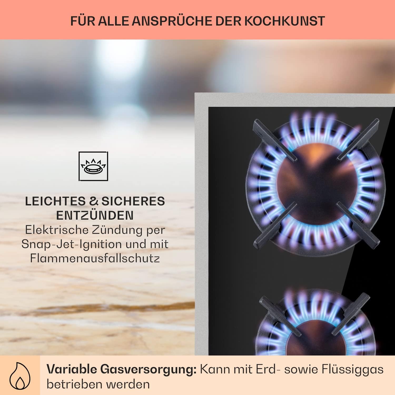 Klarstein Gasherd, Gaskochfeld 4 Flammig, Einbau-Gaskocher für Zuhause & Wohnmobil, Campingkocher mit Glasplatte, Gasherd für Propan- und Erdgas, Edelstahl Gas-Herdplatte Wok Brenner 8000 Watt