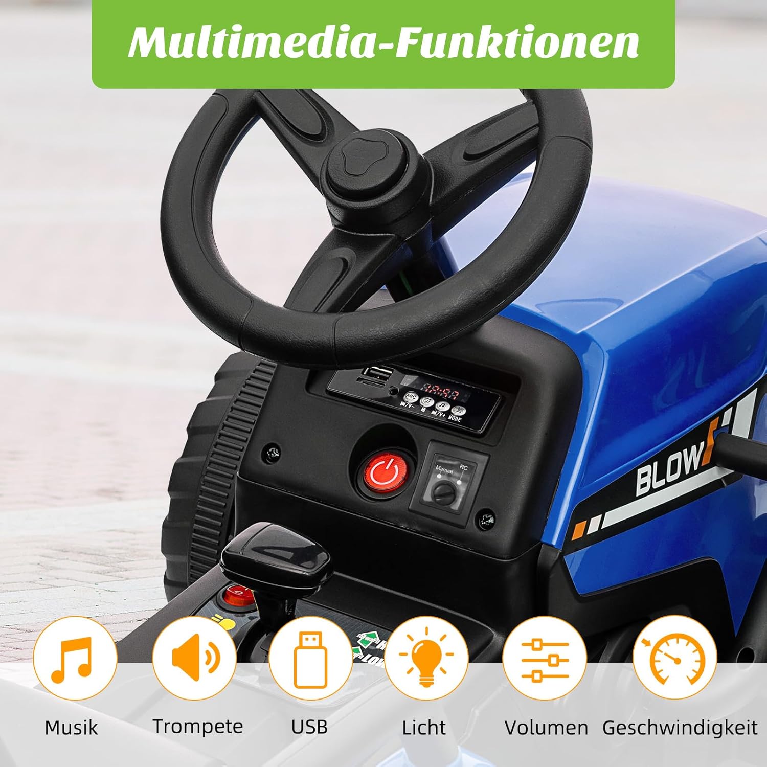 HAUSPROFI 12V 3-Gang Kinder Elektroauto mit Anhänger, Elektro Traktor 2 Fahrmodi, 2,4G-Fernbedienung, Kinder Traktor LED-Licht, Bluetooth, Musik, USB, Elektrischer Traktor für kinder ab 3 Jahren, Grün