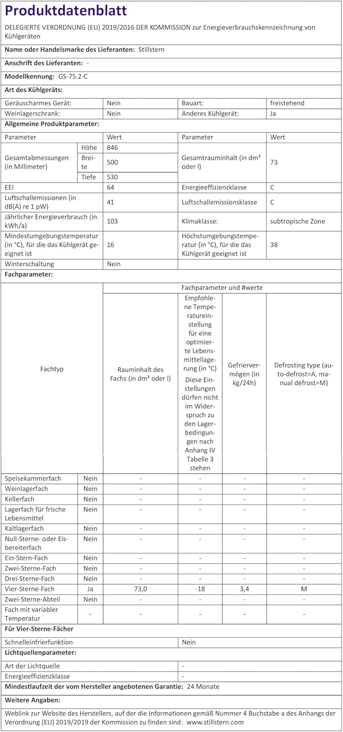 Stillstern Gefrierschrank C (73L) 4-Sterne-Gefrierfach -18°C, geringer Energieverbrauch, 3 Fächer, stufenlos regelbare Temperatur, wechselbarer Türanschlag, Gefrierschrank Klein, Tiefkühlschrank