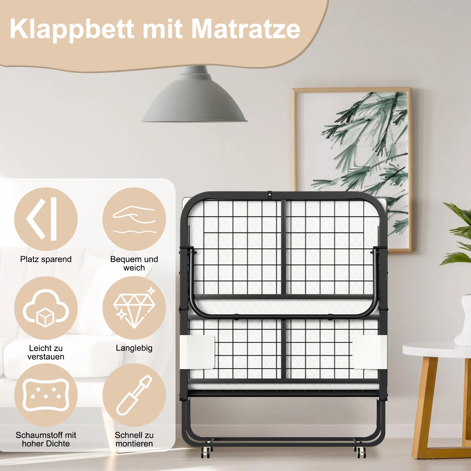 Sonnewelt Klappbett 90x200cm mit 13cm Dicke und Rollen