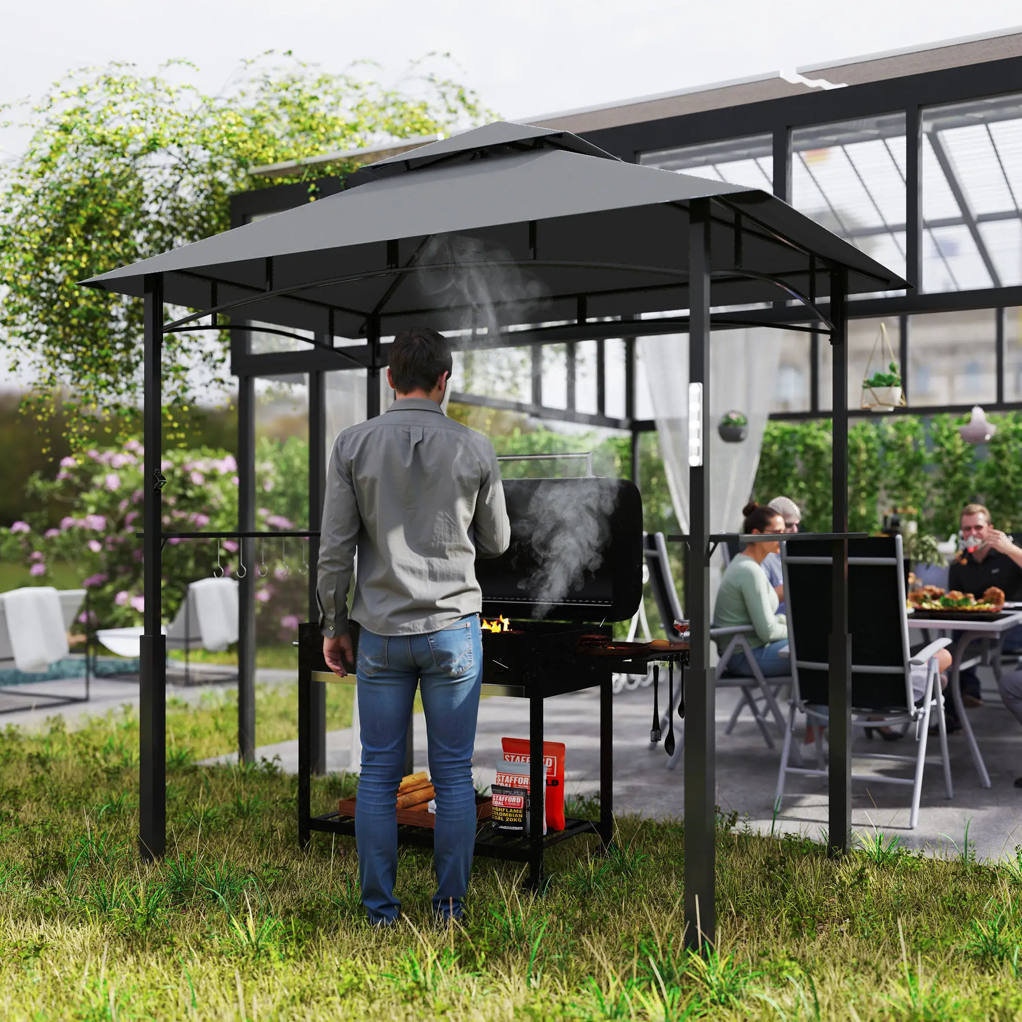 Outsunny Grillpavillon doppelschichtiges Vordach LED-Licht