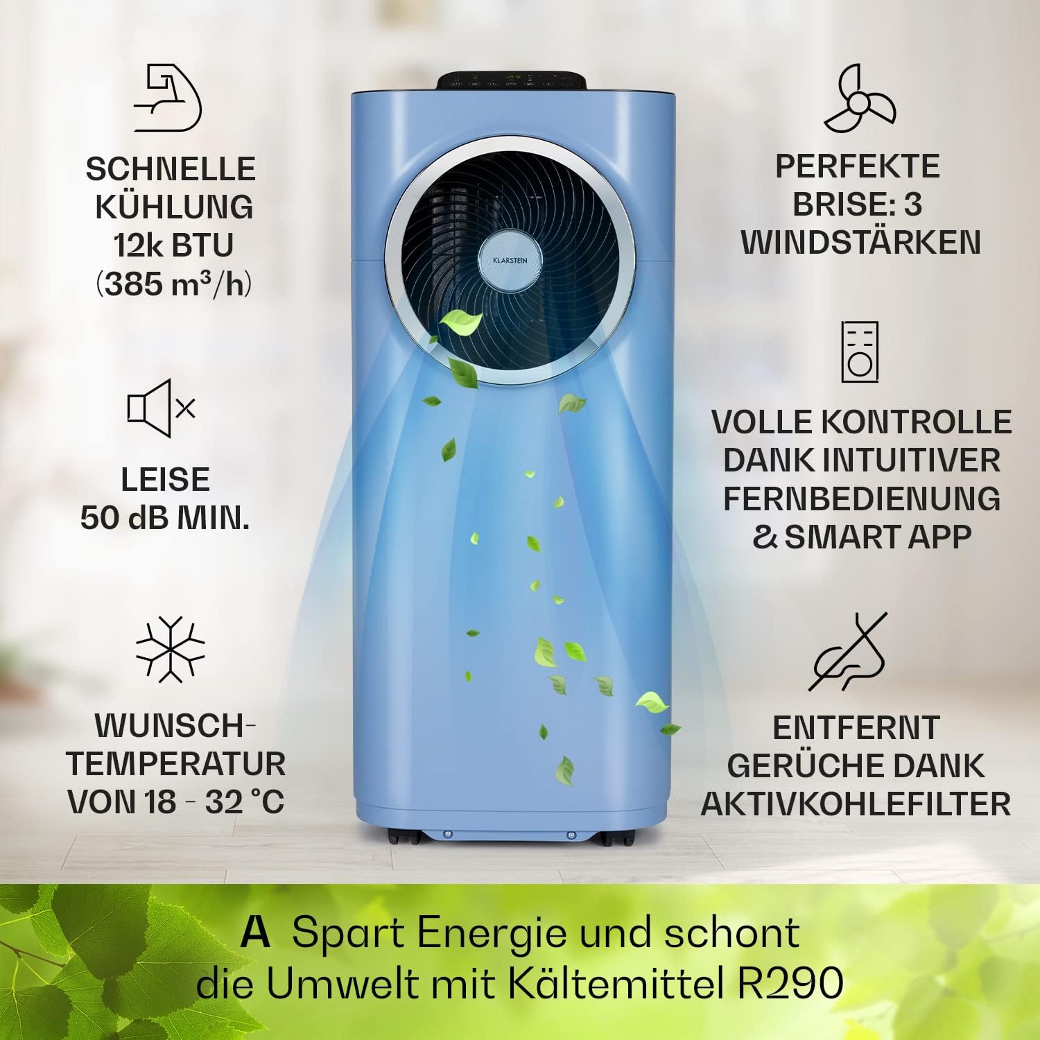 Klarstein Mobile Klimaanlage mit Abluftschlauch, 5-in-1 Klimagerät, Ventilator, Luftentfeuchter, Luftreiniger & Nachtmodus, App-Steuerung, Kleine & Portable für Wohnung & Büro, 12000 BTU