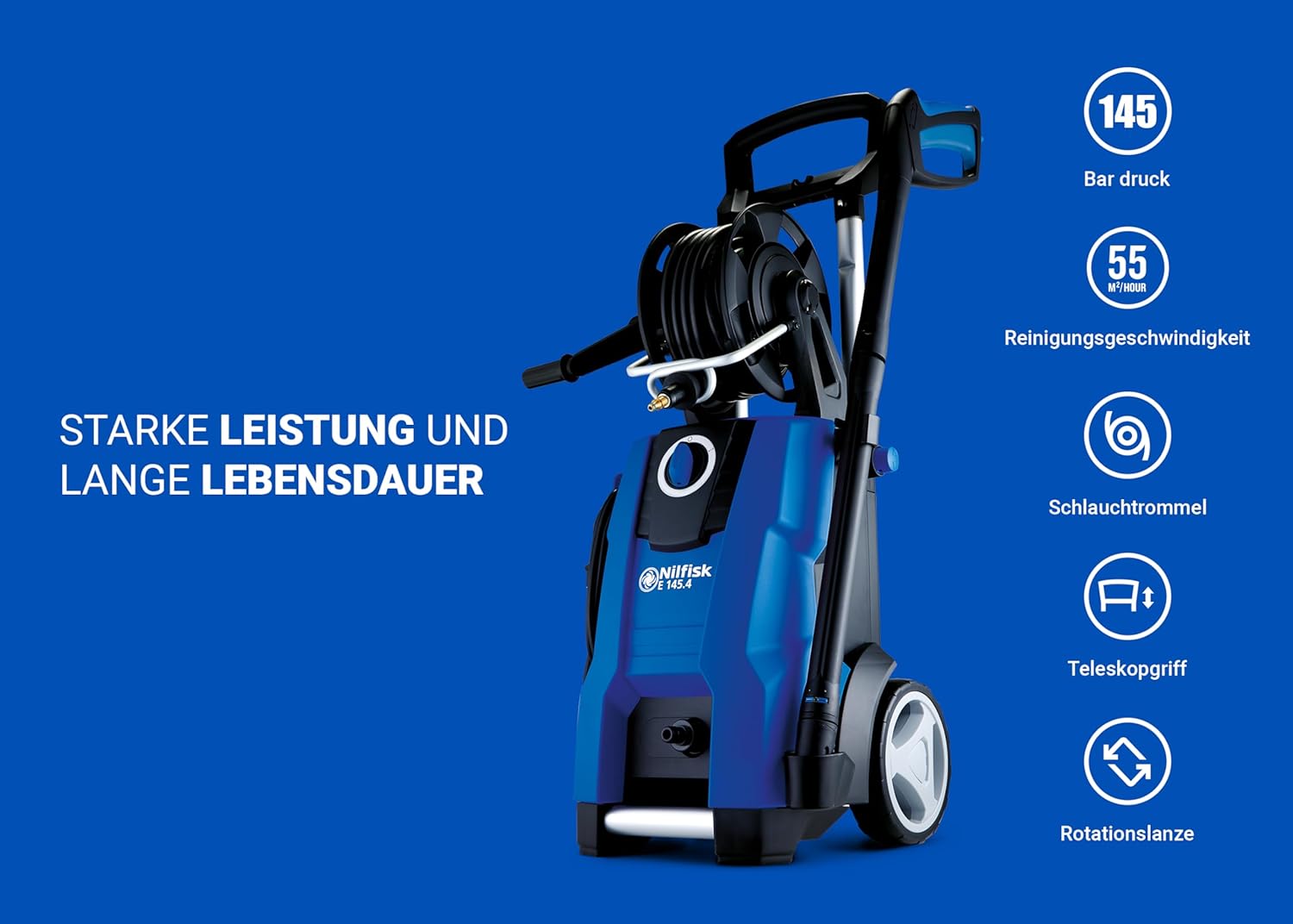 Nilfisk bar Hochdruckreiniger mit Induktionsmotor (inkl. Patio Cleaner Flächenreiniger und rotierende Bürste) E145.4-9 blau