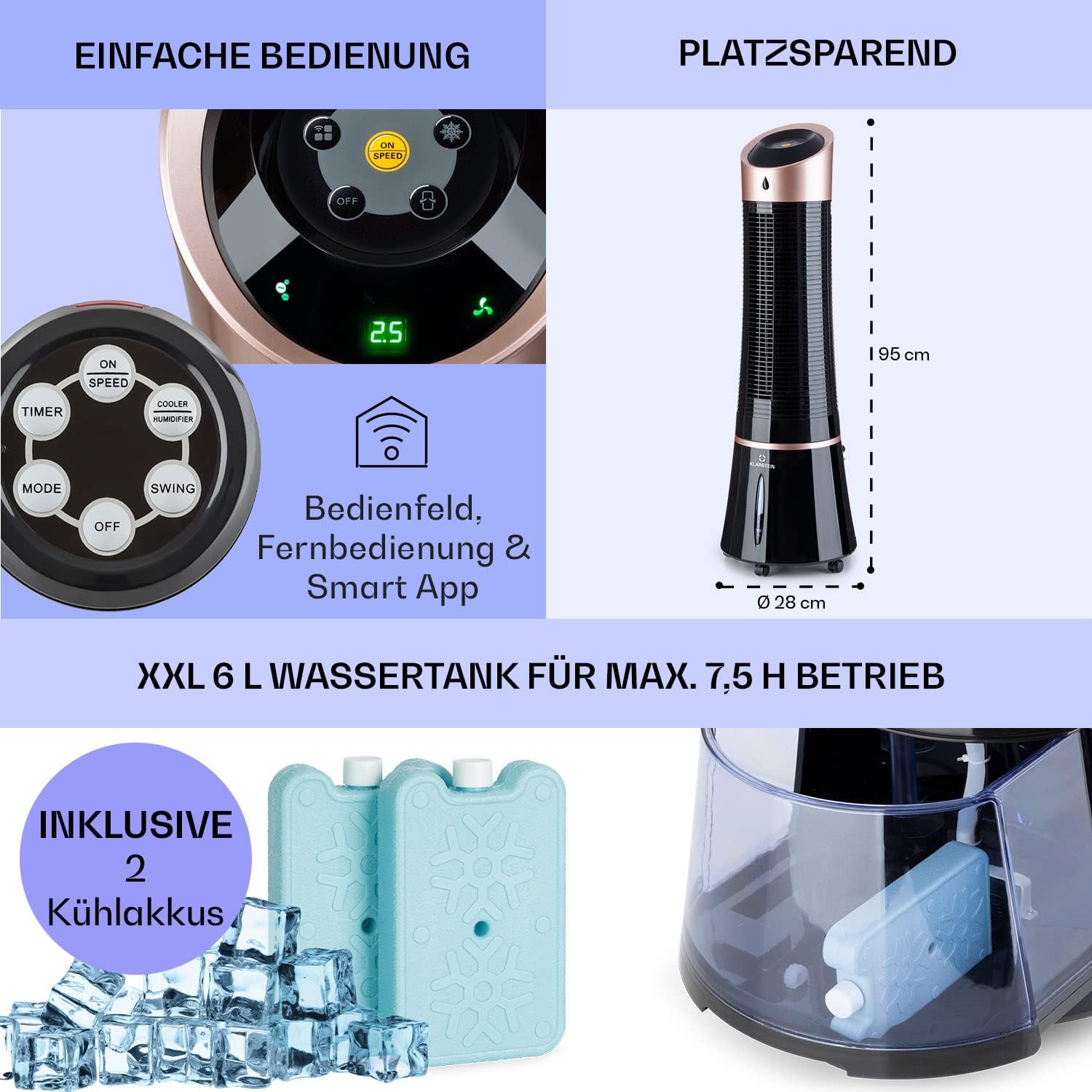 Klarstein 4-in-1: Smart Luftkühler, Ventilator, Luftbefeuchter & Ionisation I 6 L Wassertank, Oszillation, 30 W, 210 m³/h, Timer I Klimagerät ohne Abluftschlauch, Mobiles Klimagerät, Schwarz-Rosegold