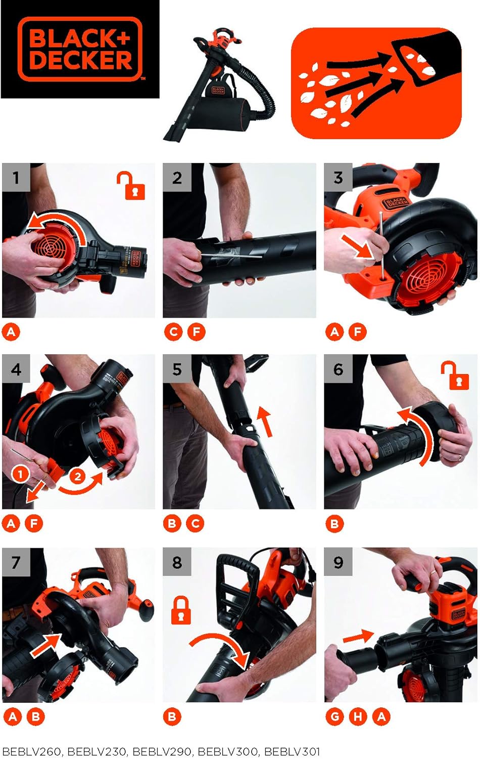 Black+Decker 3-in-1 Elektro-Laubsauger/Laubblser BEBLV301 (3.000 Watt, mit Hcksler + aufsteckbarem Laubrechen, 72l Fangsack-Rucksack - hohe Blasgeschwindigkeit & verstellbare Saugleistung)