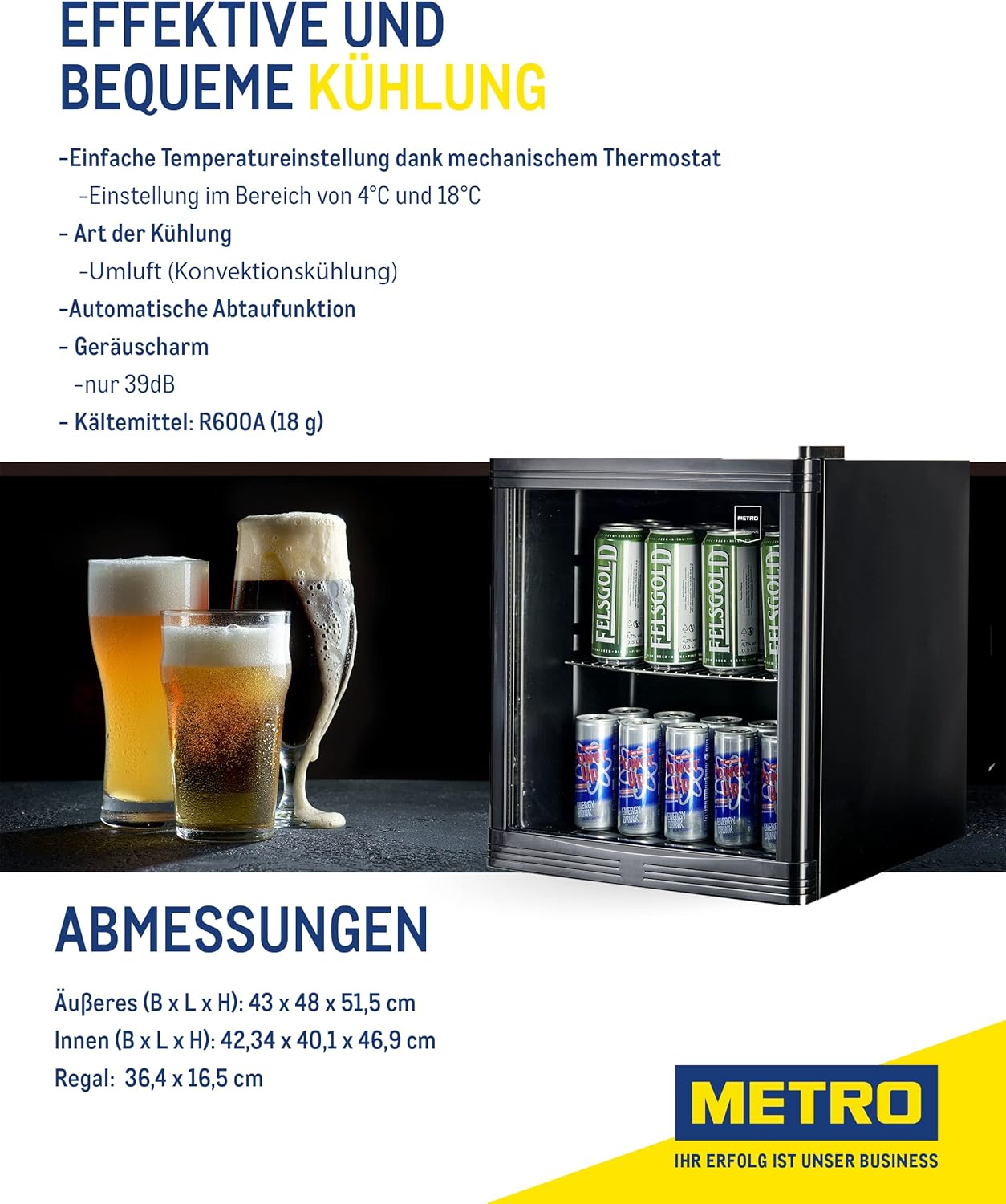 METRO Professional Mini-Kühlschrank GPC1088, 88 L, 1.052 kWh/24h, 3 Edelstahl-Drahtböden, schwarz