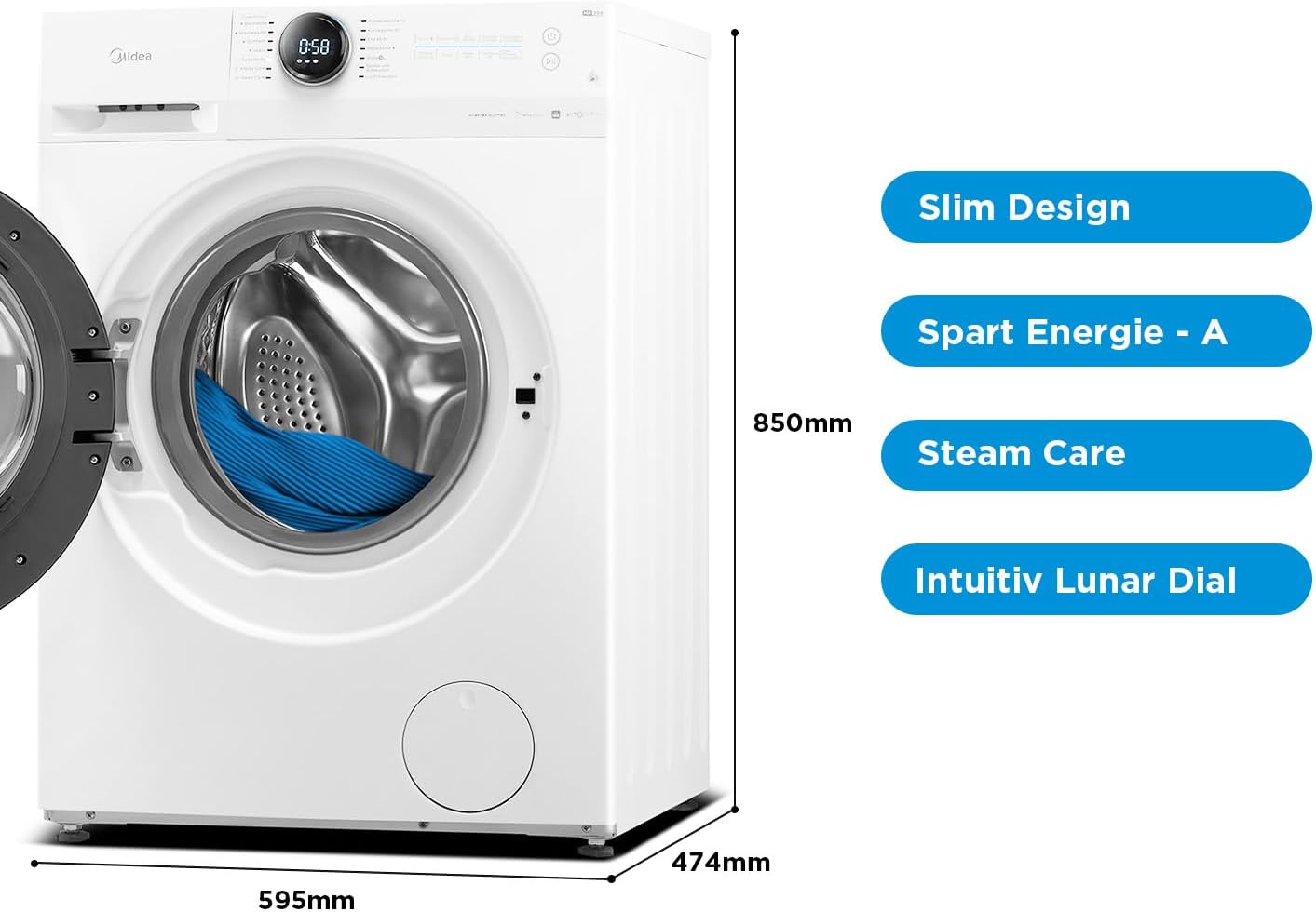 Midea MF200W90WB-14A Waschmaschine / 9KG / A/Leiser & effizienter Inverter Motor/HealthGuard-System/Steam Care/Nachlegefunktion/APP-Steuerung/AquaStop, Weiß