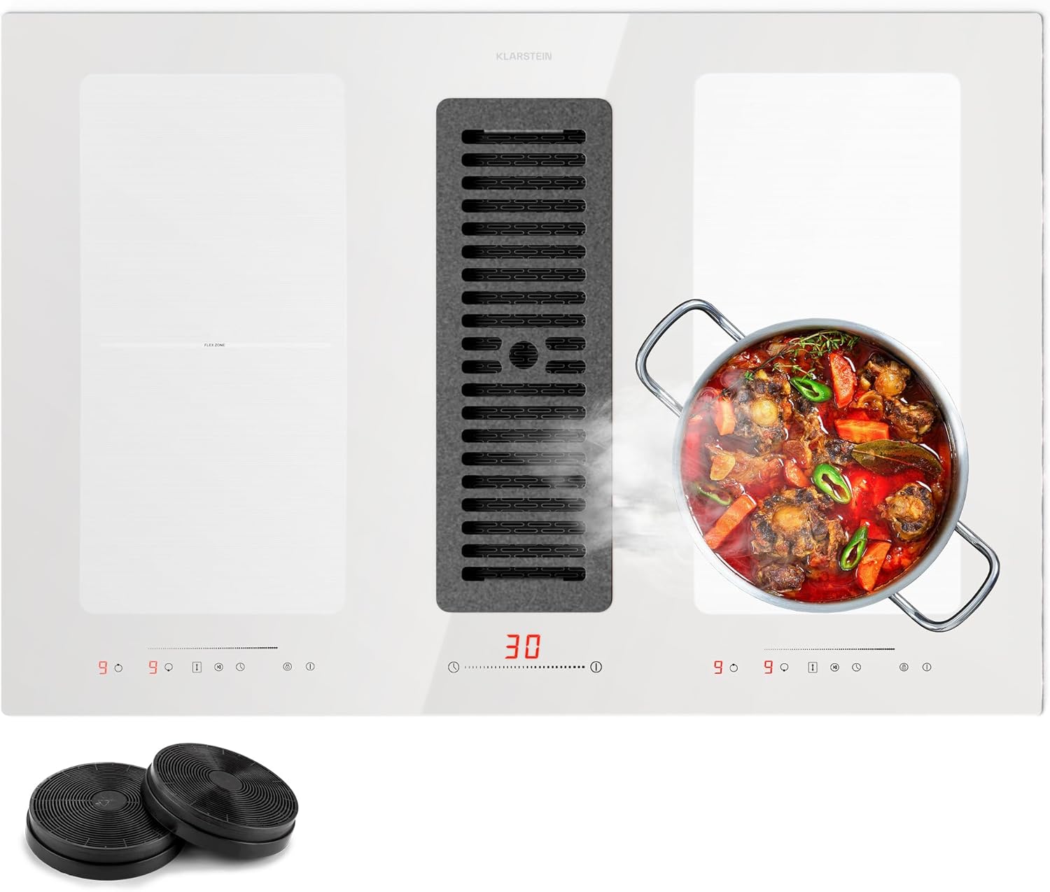 Klarstein 2-in-1 Induktionskochfeld mit Dunstabzug, Induktionskochfeld mit Abluft & Ventilator, 4-Zonen-Kochfeld, Glaskeramik-Einbauherd, Kochfeld mit Dunstabzug, Energieklasse A, 654m³/h Luftstrom