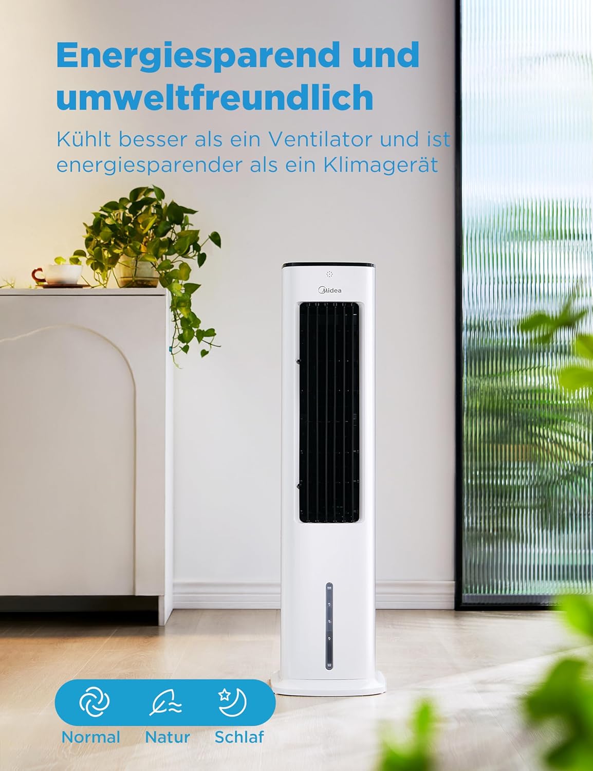 Midea Luftkühler mit Wasserkühlung, Klimaanlage Mobil, Ventilator mit 5L Wasserkühlung, Luftbefeuchter und Ionisation, Klimaanlage Ohne Abluftschlauch, 355m³/h, Ventilator mit Fernbedienung,55W,Weiß