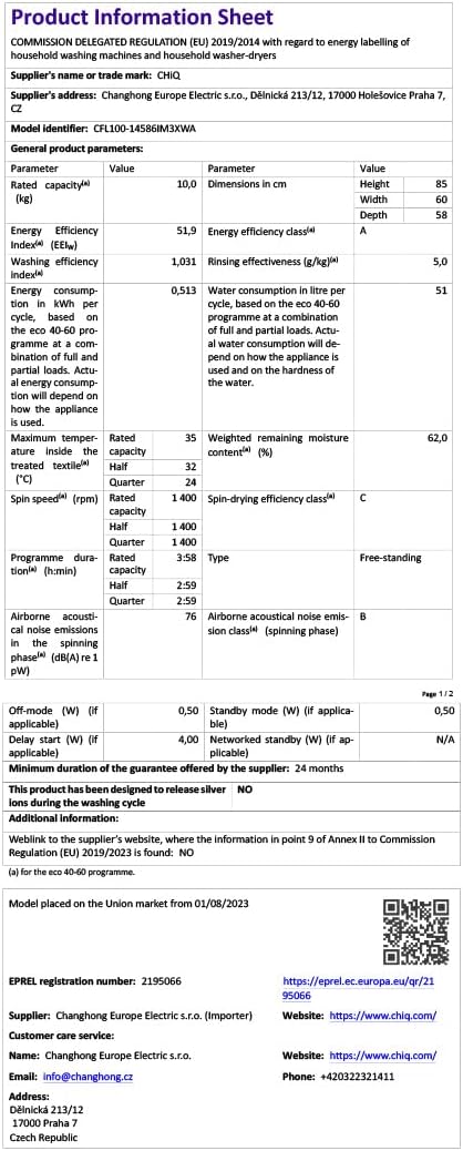 CHiQ Waschmaschine 7kg, 15 Programme, InverterMotor, Eco-Logic, Speed Wash, 60x46,5x84cm, Auto Clean, Washer Grau, CW07123863AX