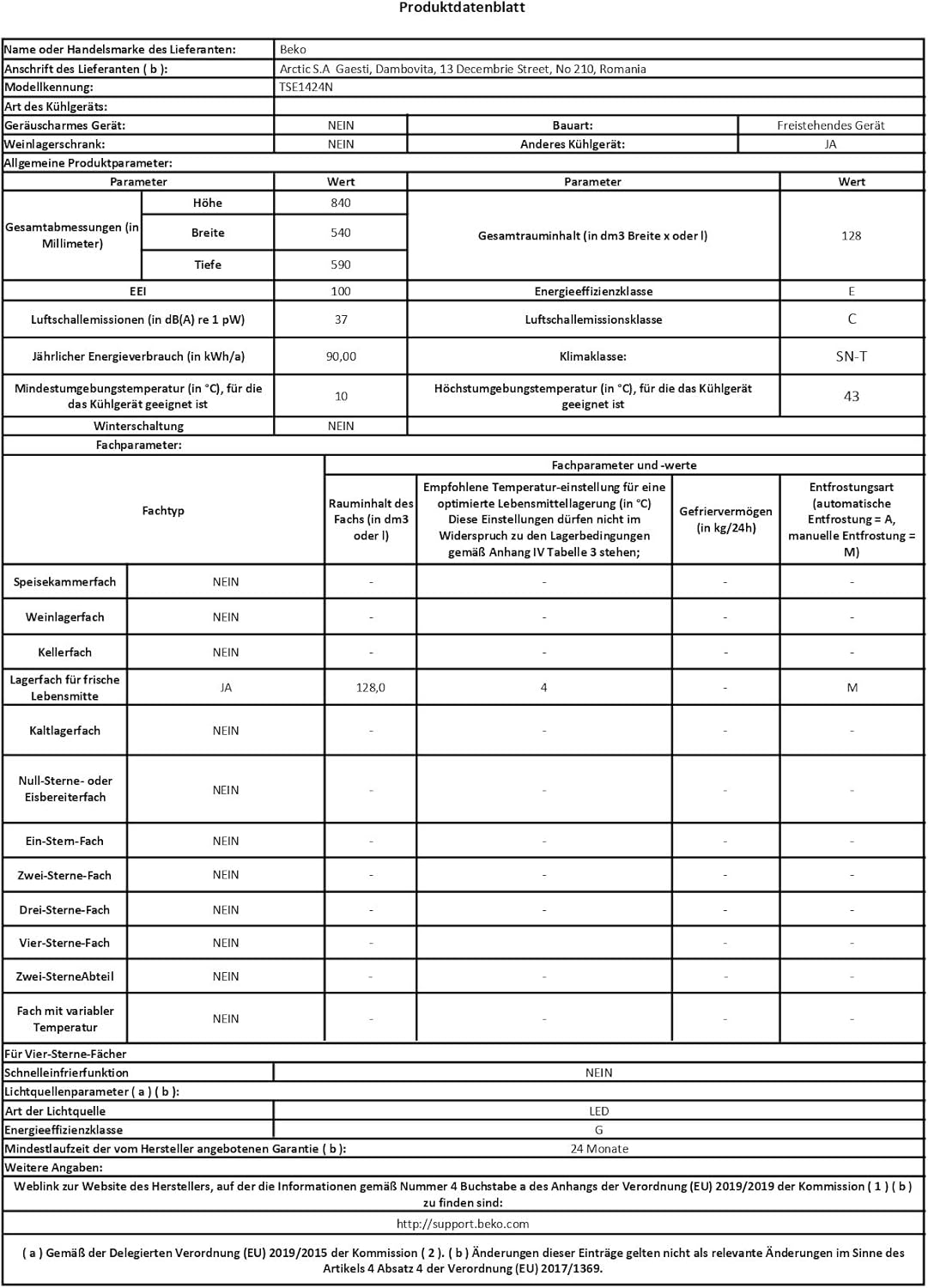 Beko TSE1424N b100 Tischkühlschrank, 128 l Gesamtrauminhalt, wechselbarer Türanschlag, gute Beleuchtung im Gerät, 37 dB, robuste Glasablagen, Weiß