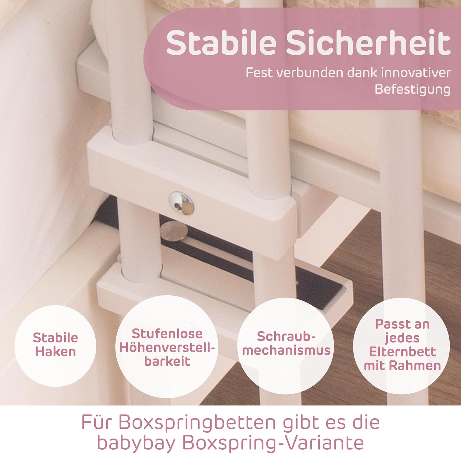 babybay Original Beistellbett aus massivem Buchenholz / kompakt & verwandelbar / Kinderbett Höhe stufenlos verstellbar & umweltfreundlich / mitwachsendes Babybett (weiß lackiert) / inkl. Matratze