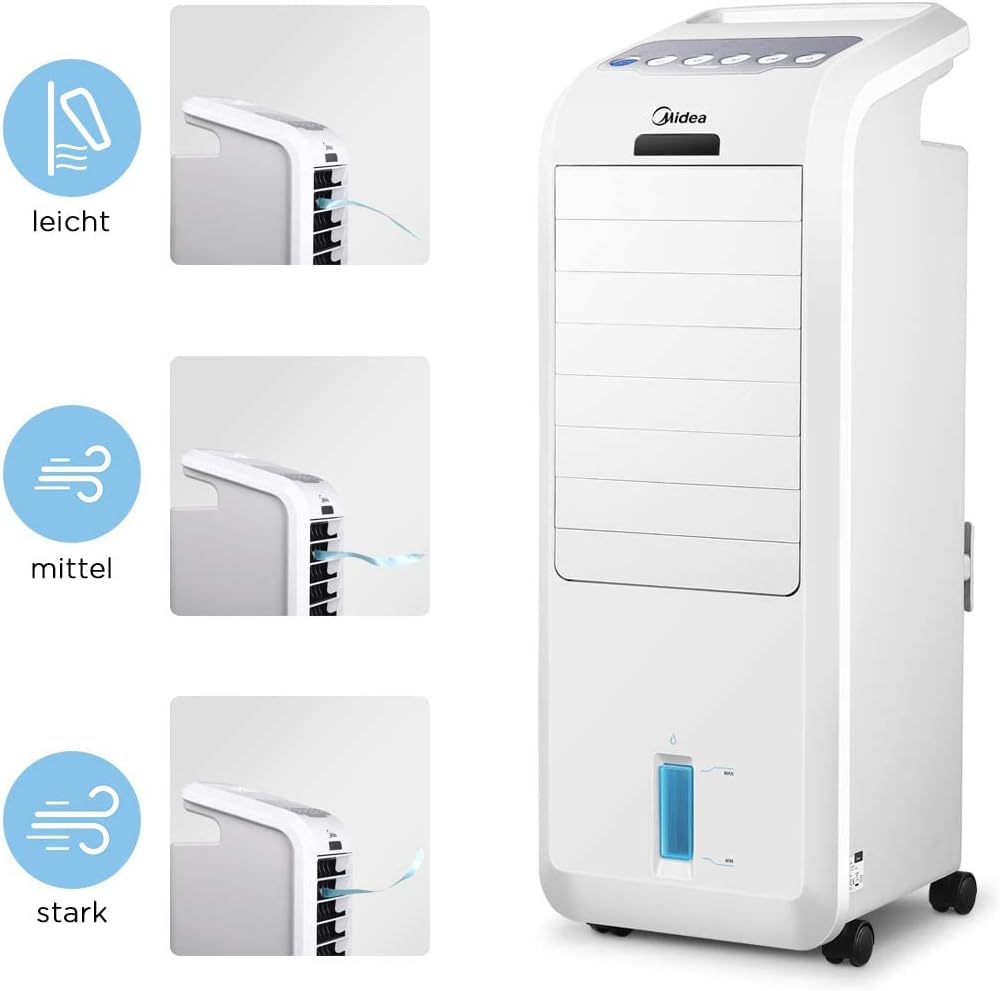 Midea Luftkühler mit Wasserkühlung, Klimaanlage Mobil, Ventilator mit 5L Wasserkühlung, Luftbefeuchter und Ionisation, Klimaanlage Ohne Abluftschlauch, 355m³/h, Ventilator mit Fernbedienung,55W,Weiß