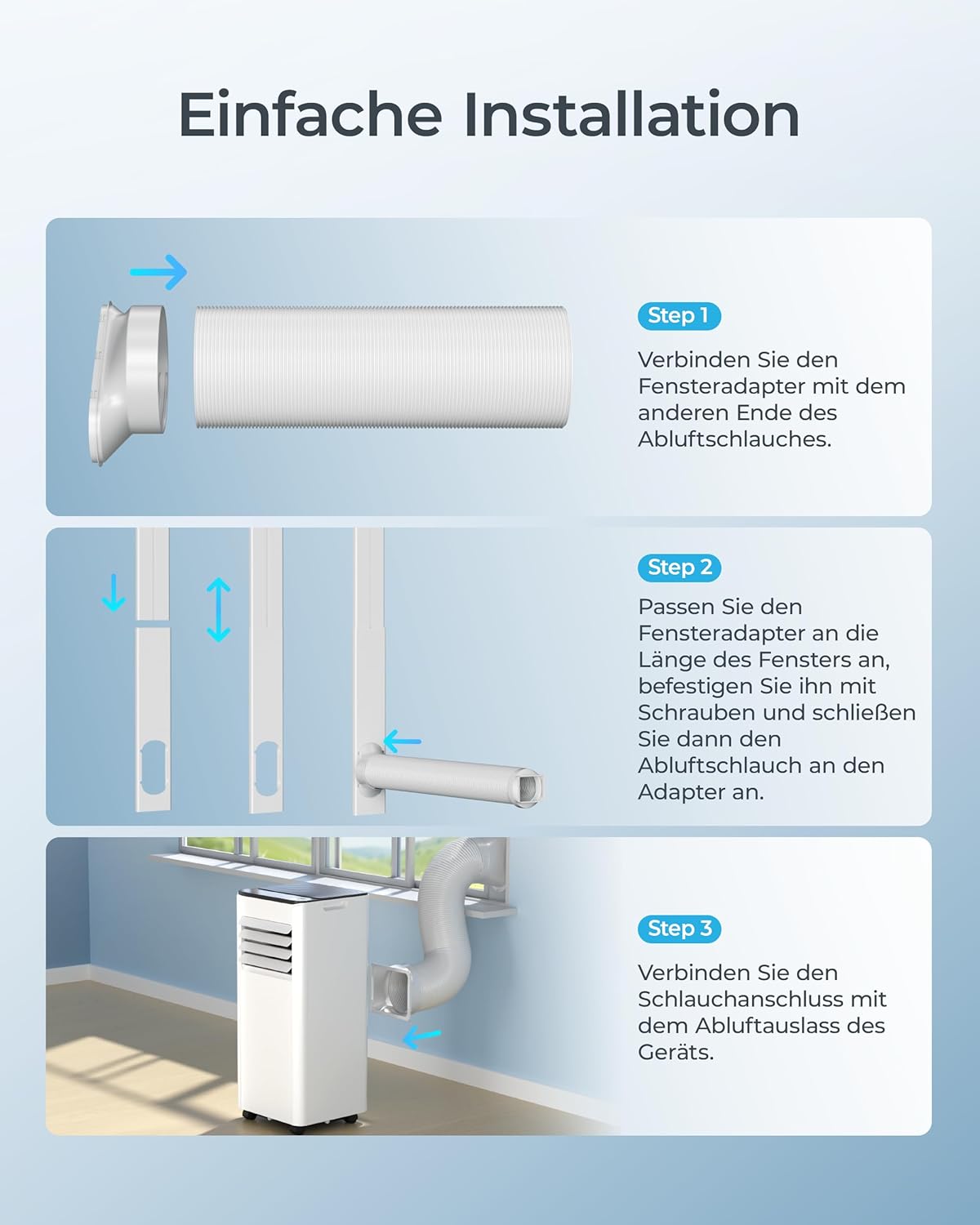 Mobile Klimaanlage 9000 BTU mit Abluftschlauch | 4-in-1 Mobiles Klimagerät | Leiser Betrieb <48 dB | Digitaldisplay + Fernbedienung | Fenster-Installationsset | 24h-Timer | Für Räume bis 25 m²