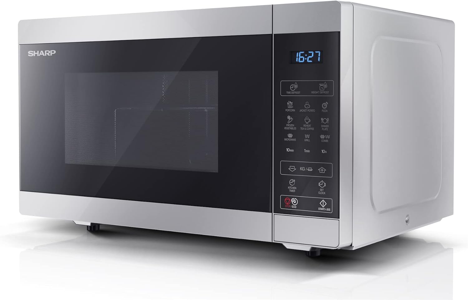 SHARP MG81ES Mikrowelle mit Grill (Mikrowelle: 900W, Grill: 1100W, 11 Leistungsstufen, Auftaufunktion, Abmessungen: 512x300x396cm, Emaille-Keramik-Garraum mit antibakteriellen Eigenschaften), silber