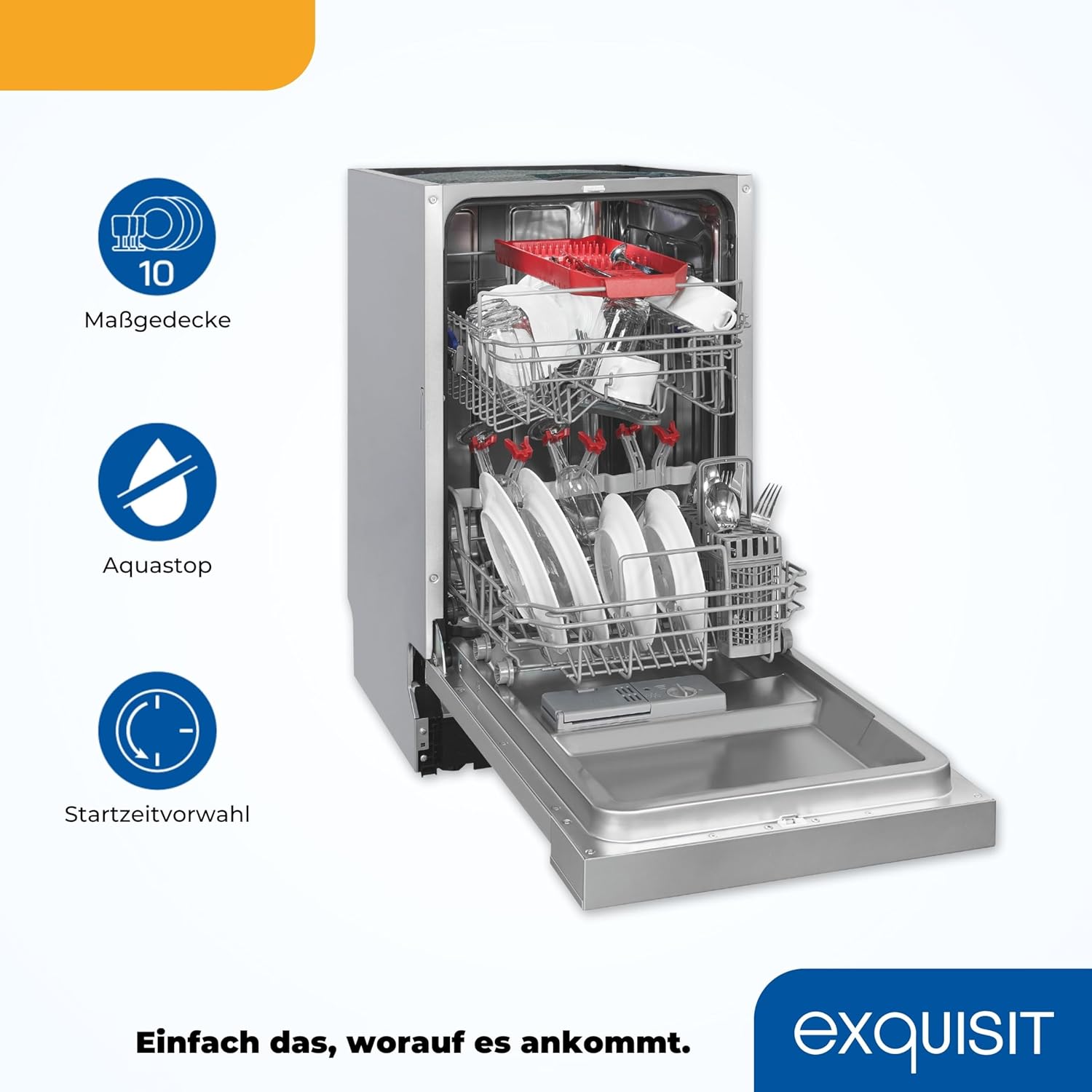 Exquisit Geschirrspüler, Spülmaschine, 45 cm Breite, Teilintegriert, 9 Maßgedecke, 9 Liter, Startzeitvorwahl, ECO-Modus, Geschirrspüler 45 cm, EGSP51009-EB-030E inox