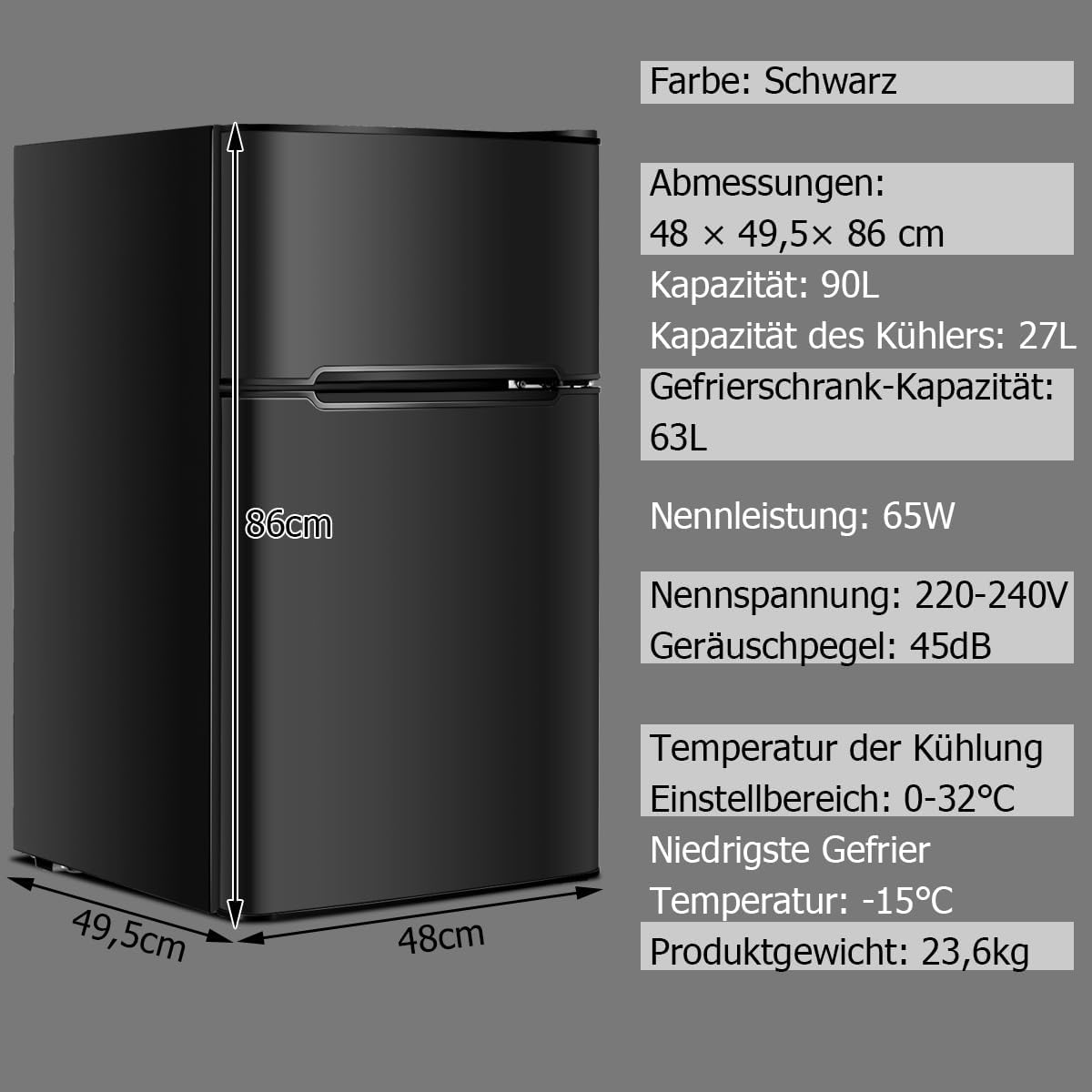 GOPLUS Kühlschrank mit Gefrierfach - Kühl Gefrierkombination / 90L Gesamtnutzinhalt, 27L Gefrierteil/Thermostat einstellbar/LED Innenbeleuchtung/Türanschlag wechselbar (Weiß)