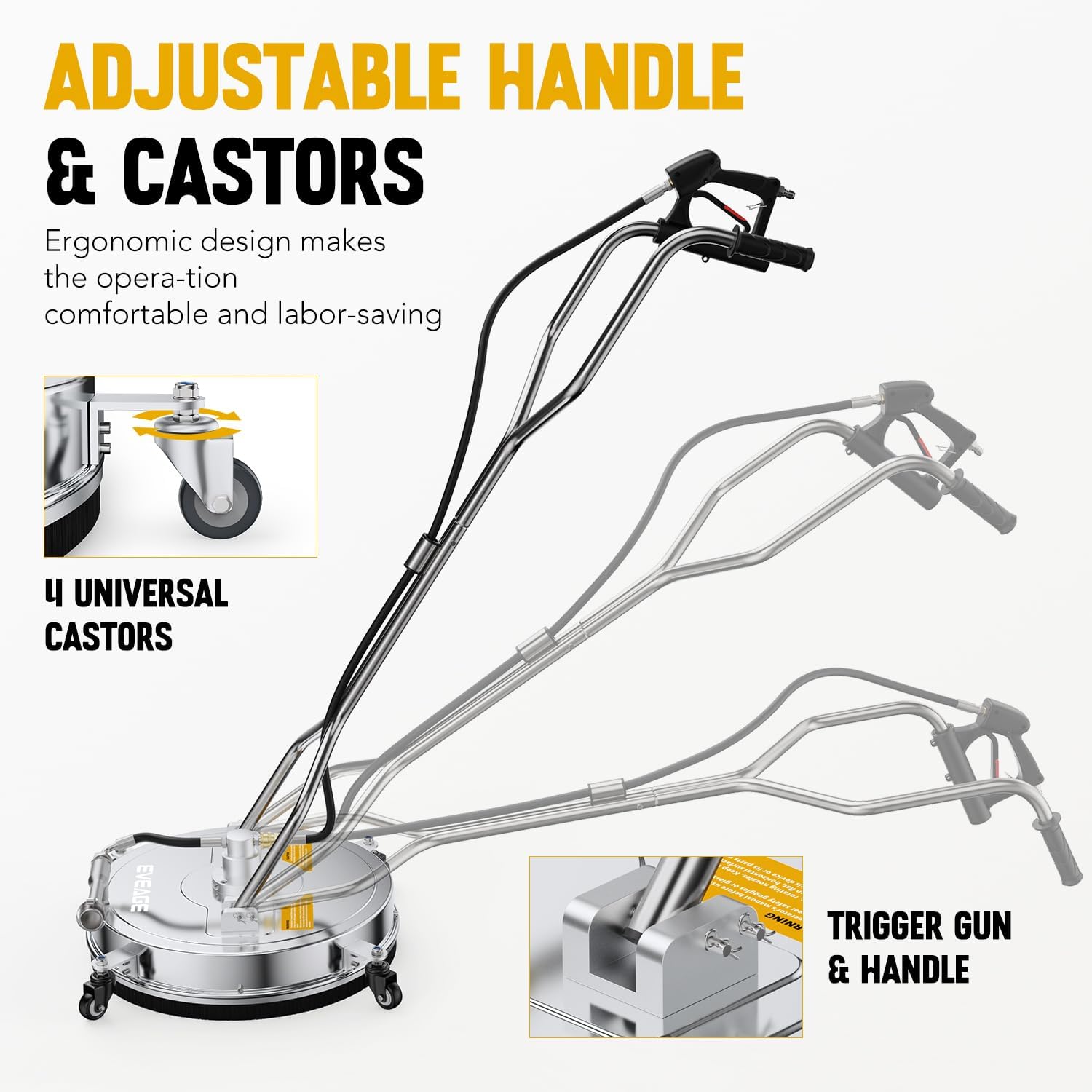 EVEAGE 50.8 cm Hochdruckreiniger Oberflächenreiniger Doppelgriff mit Wasserrückgewinnung,mit 4 Rädern, Edelstahlgehäuse Hochdruckreiniger Zubehör mit 2 Verlängerungsstab, 4000 PSI, EP004