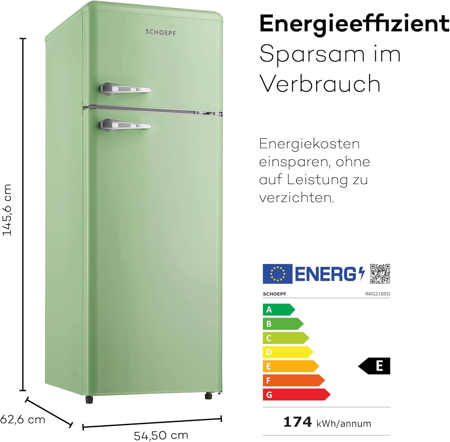 SCHOEPF – RKG218SG Kühl-Gefrierkombination – 211 L – Retro Design – LED-Beleuchtung – 39 dB – Grün/Mint – Höhenverstellbare Füße – Freistehend – Vintage Look