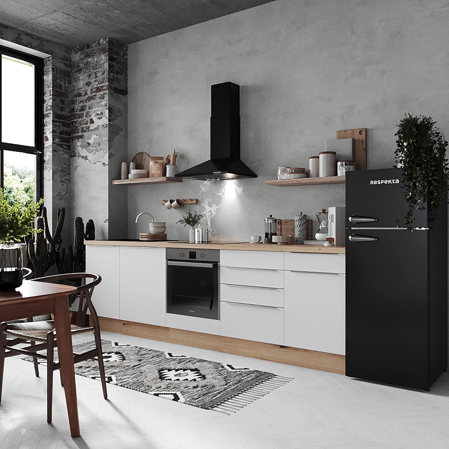 Respekta Retro-Kühlschrank mit Gefrierfach/in schwarz / 145 x 54 cm / 213 L Nutzinhalt/verstellbare Füße/automatisches Abtauverfahren/Schnellgefrierfunktion / KS144VS