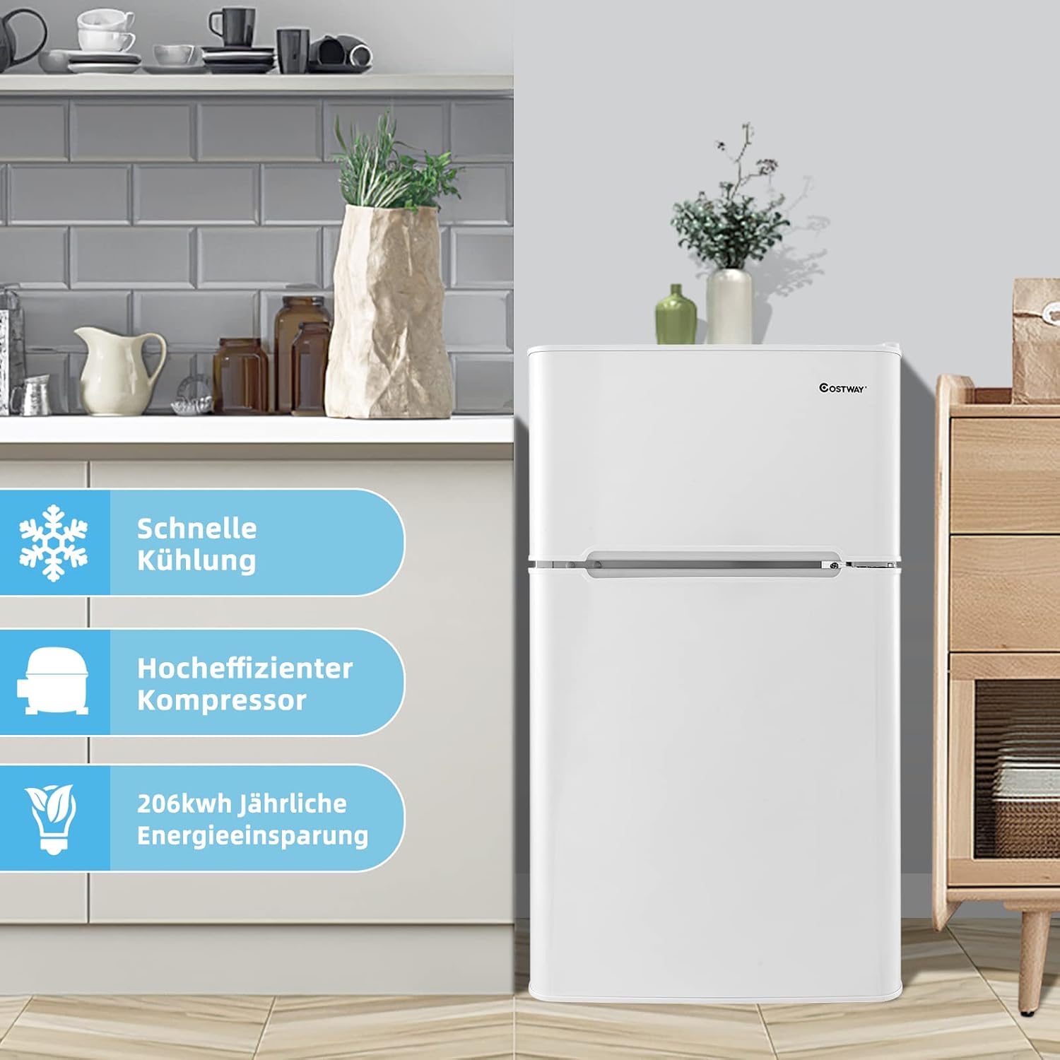 COSTWAY 90L Kühlschrank mit 27L Gefrierfach Kühl-Gefrier-Kombination Standkühlschrank Gefrierschrank mini Kühlschrank (weiß)