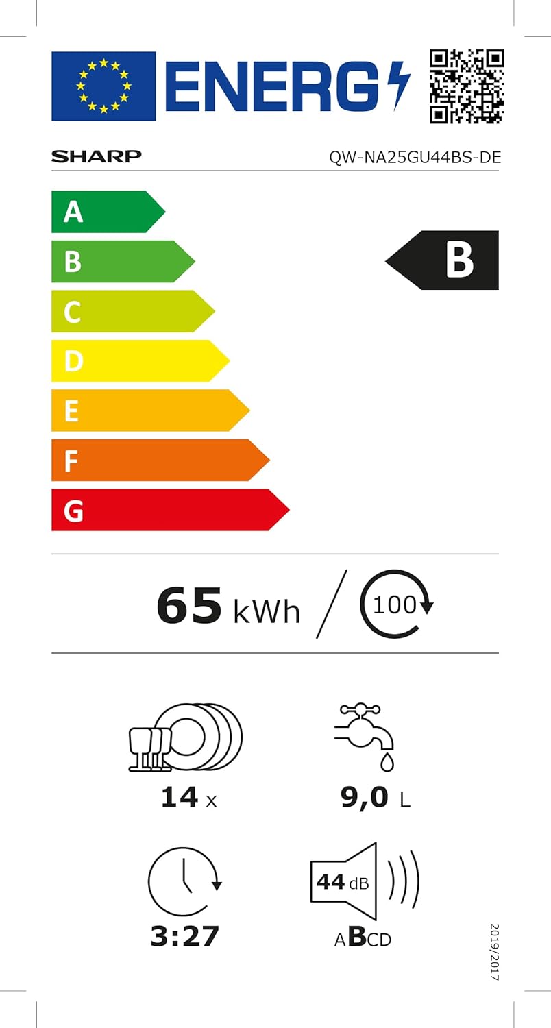Sharp Unterbau-Geschirrspüler | Spülmaschine 60 cm | 14 Maßgedecke | 8 Programme | AquaStop | Auto-Door | Inverter Motor | AquaGlide + WaterBlade | leise 44 dB | EEK B | QW-NA25GU44BS-DE