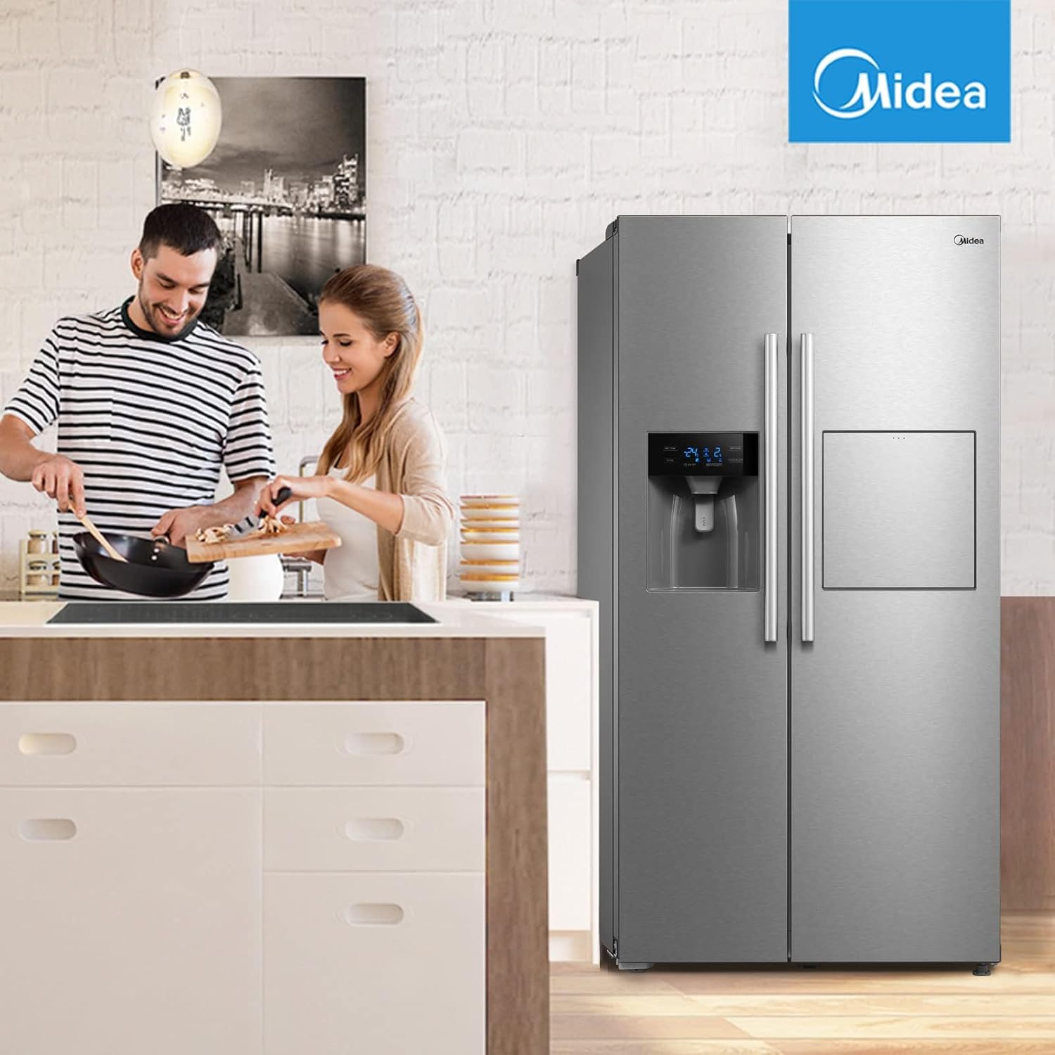 Midea KS-DDX 6.32 WT Side-by-Side Kühl-/Gefrierkombination/ 178,8 cm Hhe/ 254 kWh/Jahr/No Frost/Dual Inverter Compressor/mit 3in1 Wasser-/Eisspender und Wassertank, Dark Inox