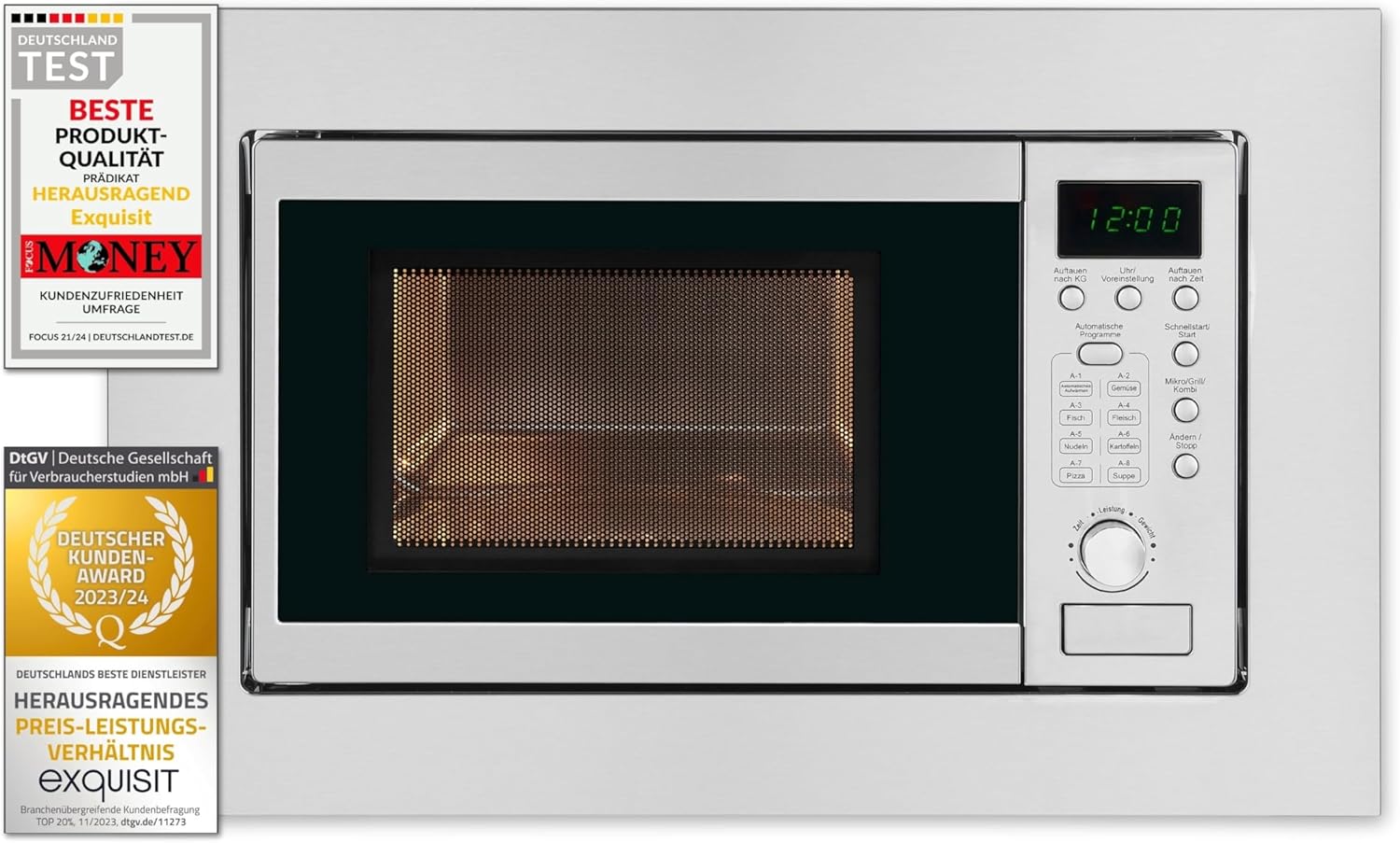 Exquisit EMW 20.1G Einbau-Mikrowelle | 20 L Garraum | 800 W | Inoxlook | 1000 W Grilleistung | 5 Leistungsstufen | Timer | Drehteller: 24,5cm Ø | 8 Autokochprogramme | Innenbeleuchtung