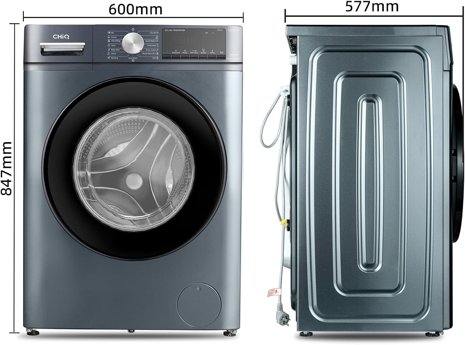 CHiQ Waschmaschine 7kg, 15 Programme, InverterMotor, Eco-Logic, Speed Wash, 60x46,5x84cm, Auto Clean, Washer Grau, CW07123863AX
