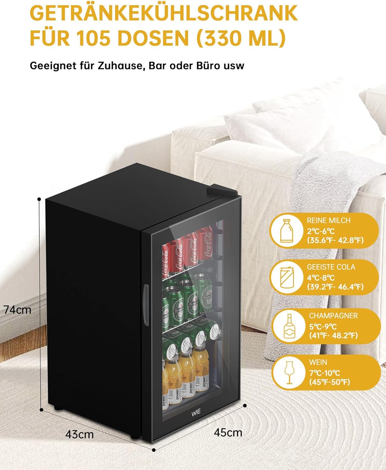 WIE Getränkekühlschrank Mini Kühlschrank mit Doppelte Glastür mit Verstellbaren Ablagen Indoor Outdoor Klein Bierkühlschrank Wendetür Leise 86 Liter 120 Dosen für Soda/Bier für Zuhause/Küche/Bar/Büro