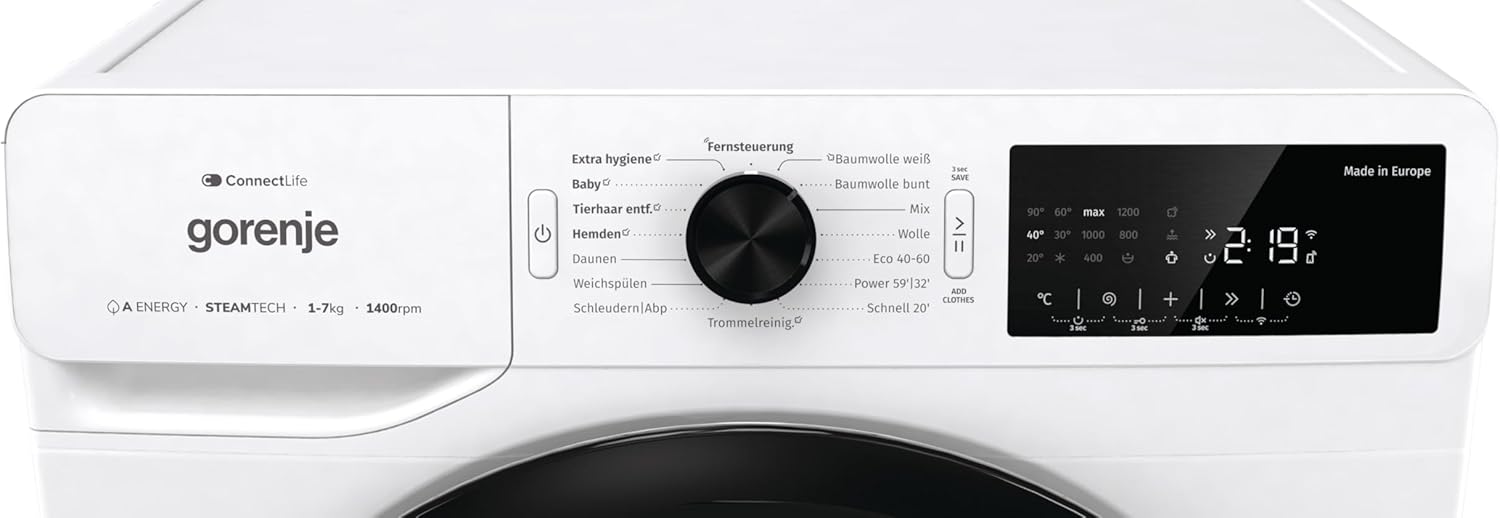 Gorenje WPAM74SA1T Waschmaschine mit Dampffunktion/Slim/ConnectLife / 7Kg / 1400 U/min/15 Programme/Totaler AquaStop/Wave Active Trommel/ExtraHygiene/PowerWash/Schnell Waschgang/EEK: A-10%